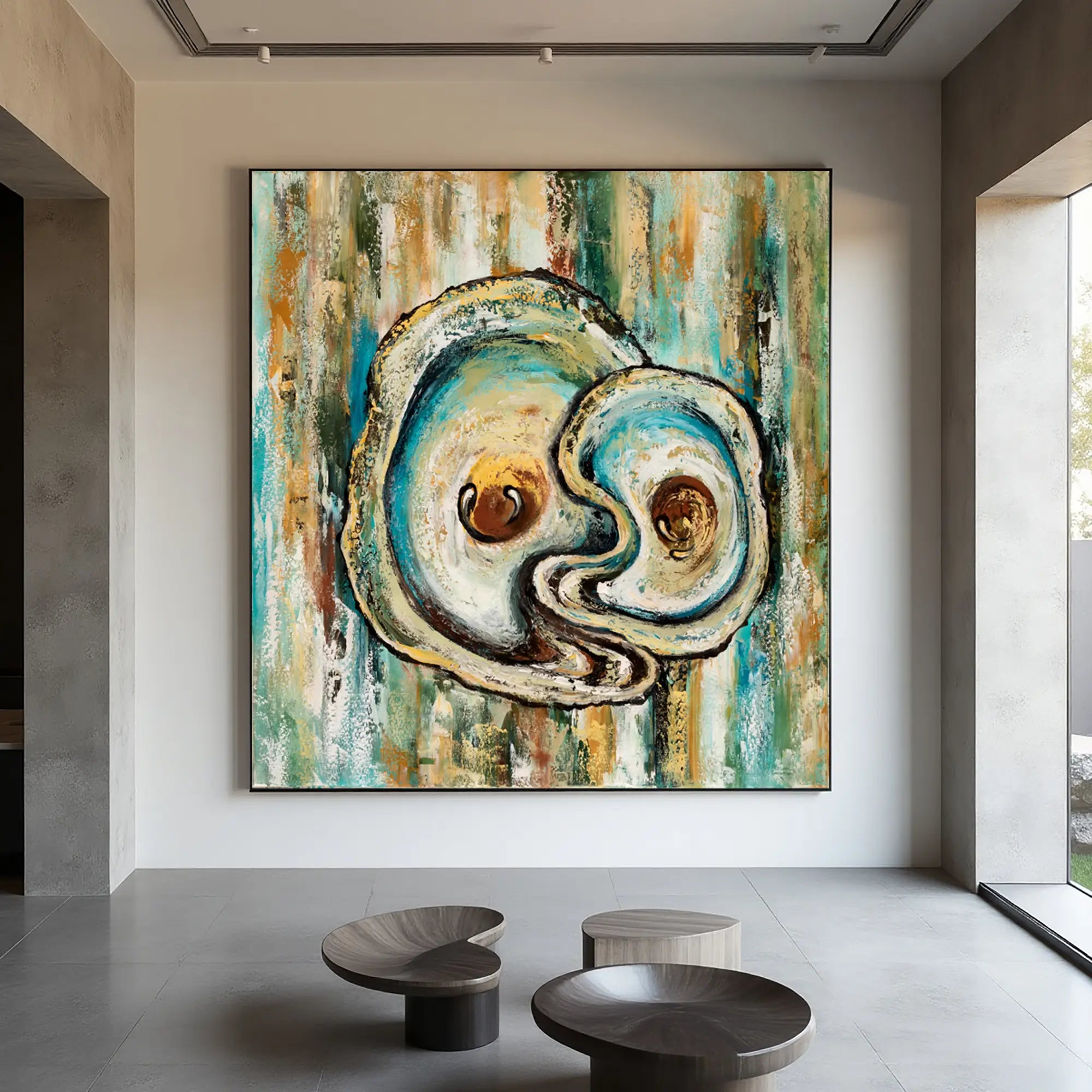 Abstract art painting of two faces in a spiral on a wall in a modern room.