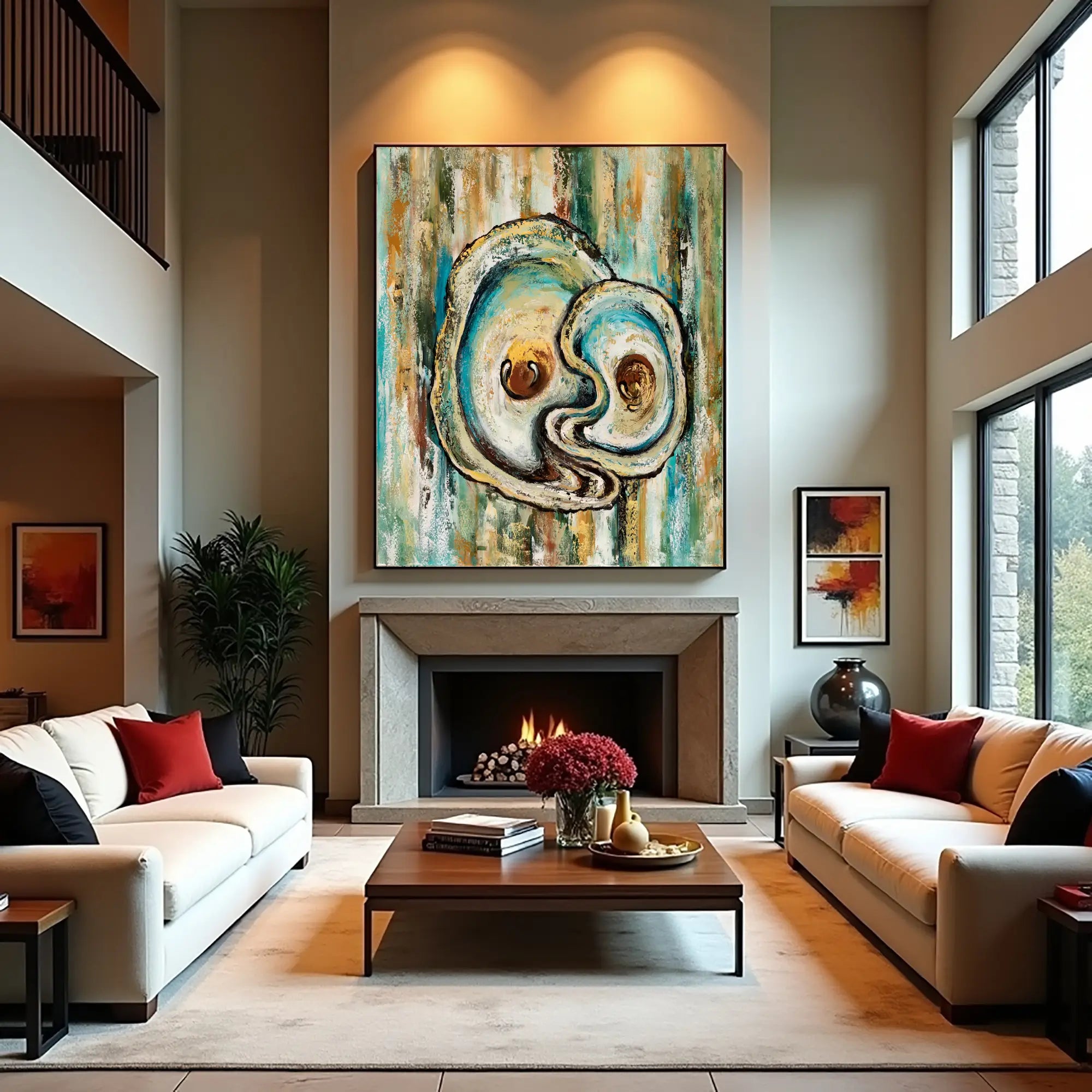 Modern living room with abstract art, fireplace, and comfortable seating.