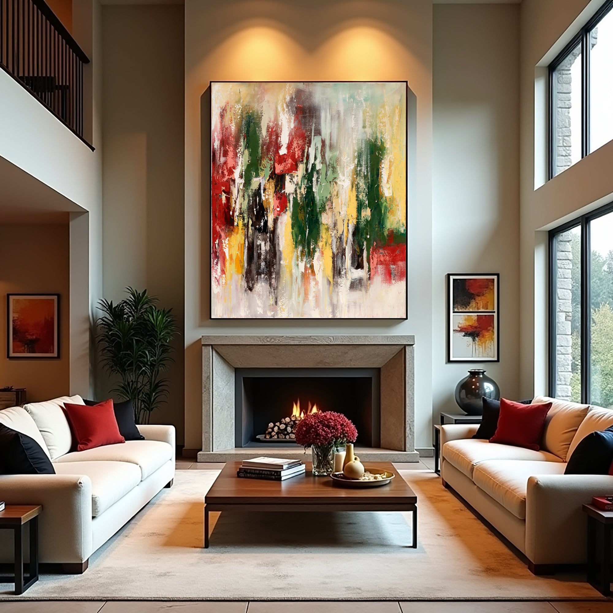 Bloom in Motion colourful abstract painting displayed above a fireplace between two modern sofas