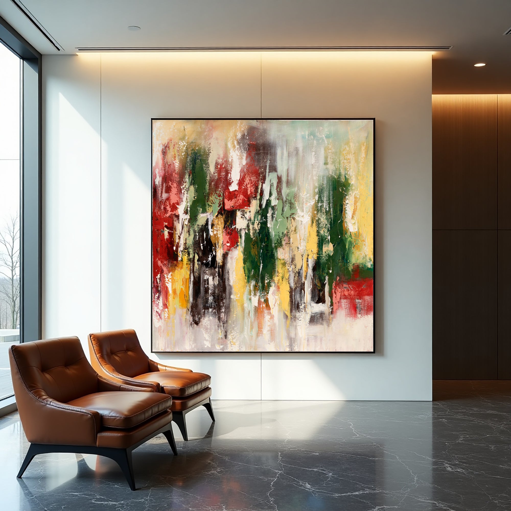 Bloom in Motion expressive abstract painting with forest green, red and gold accents beside modern leather chairs