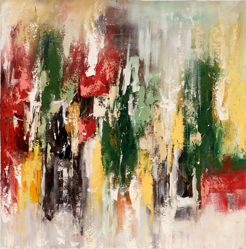 Bloom in Motion square abstract painting with vertical red, green, black, cream and ochre gestural marks