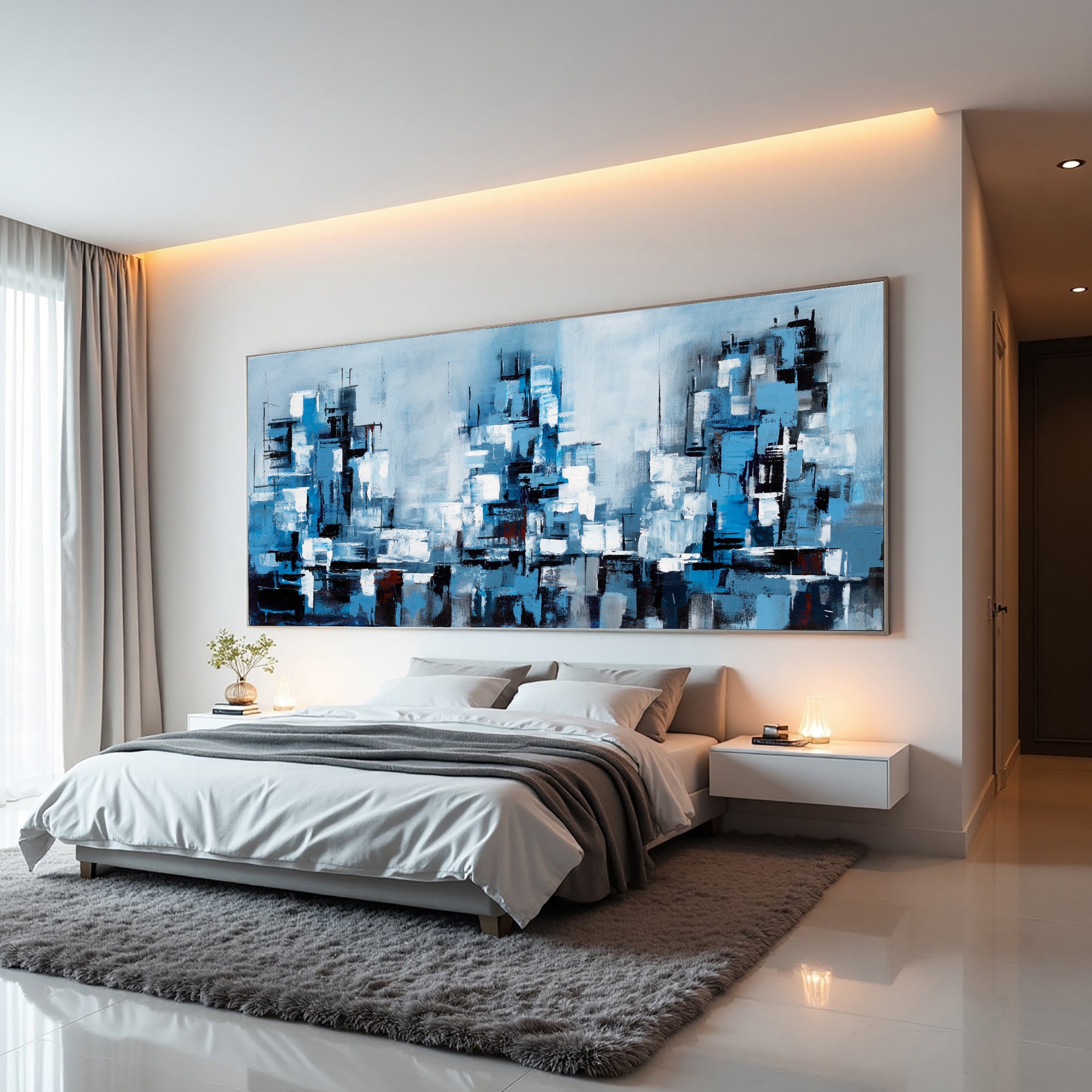Blue Metropolis blue abstract cityscape painting with layered architectural forms above a modern bed