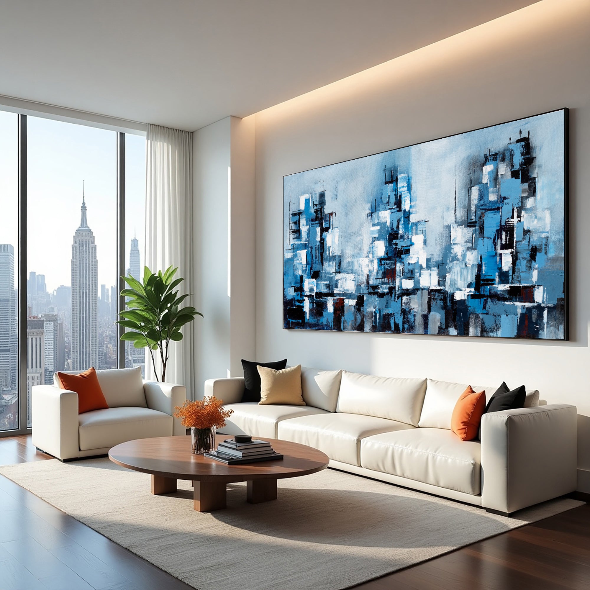 Blue Metropolis abstract cityscape painting with cobalt and navy architectural forms above a contemporary sofa