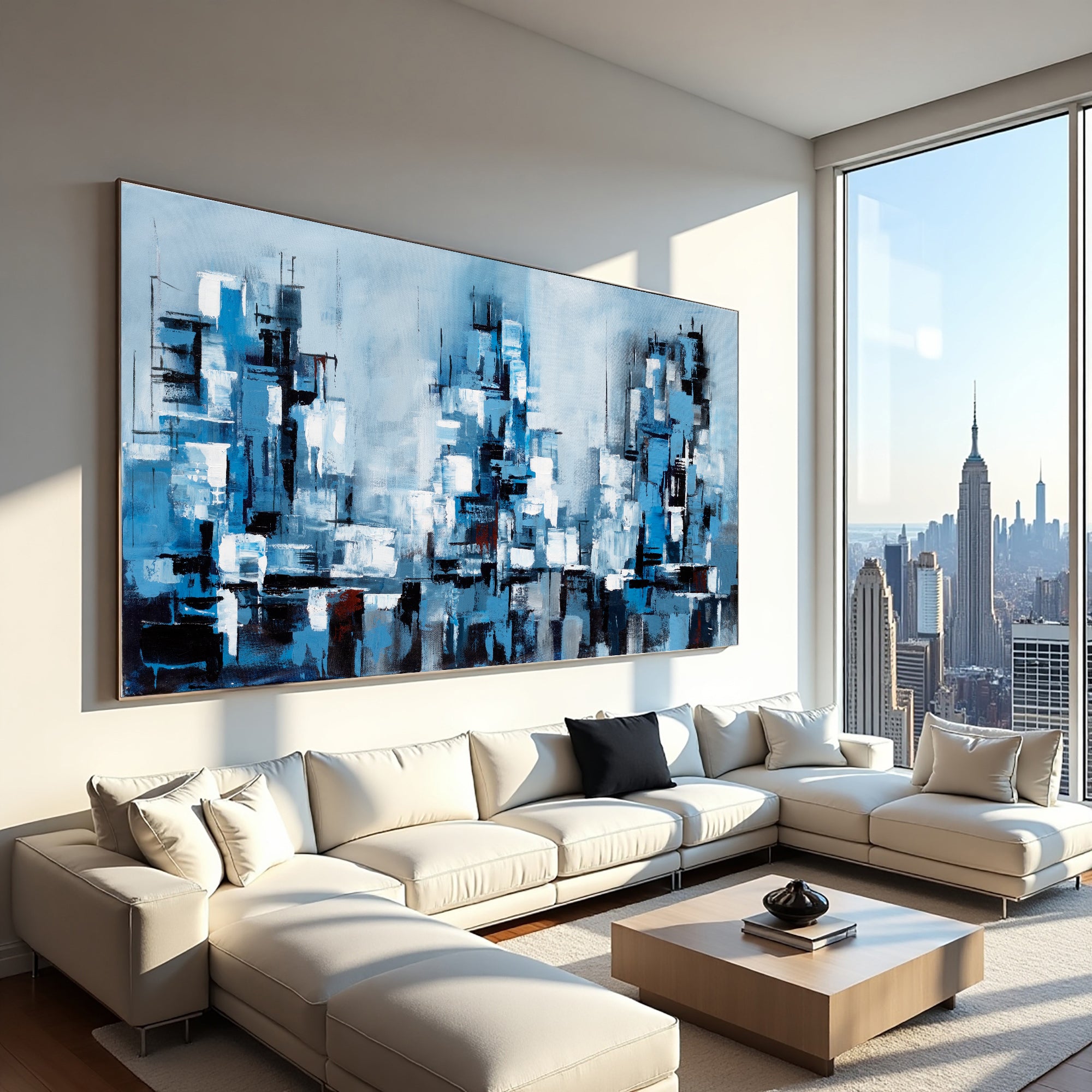 Blue Metropolis large blue abstract cityscape painting above a sectional sofa in a modern living room