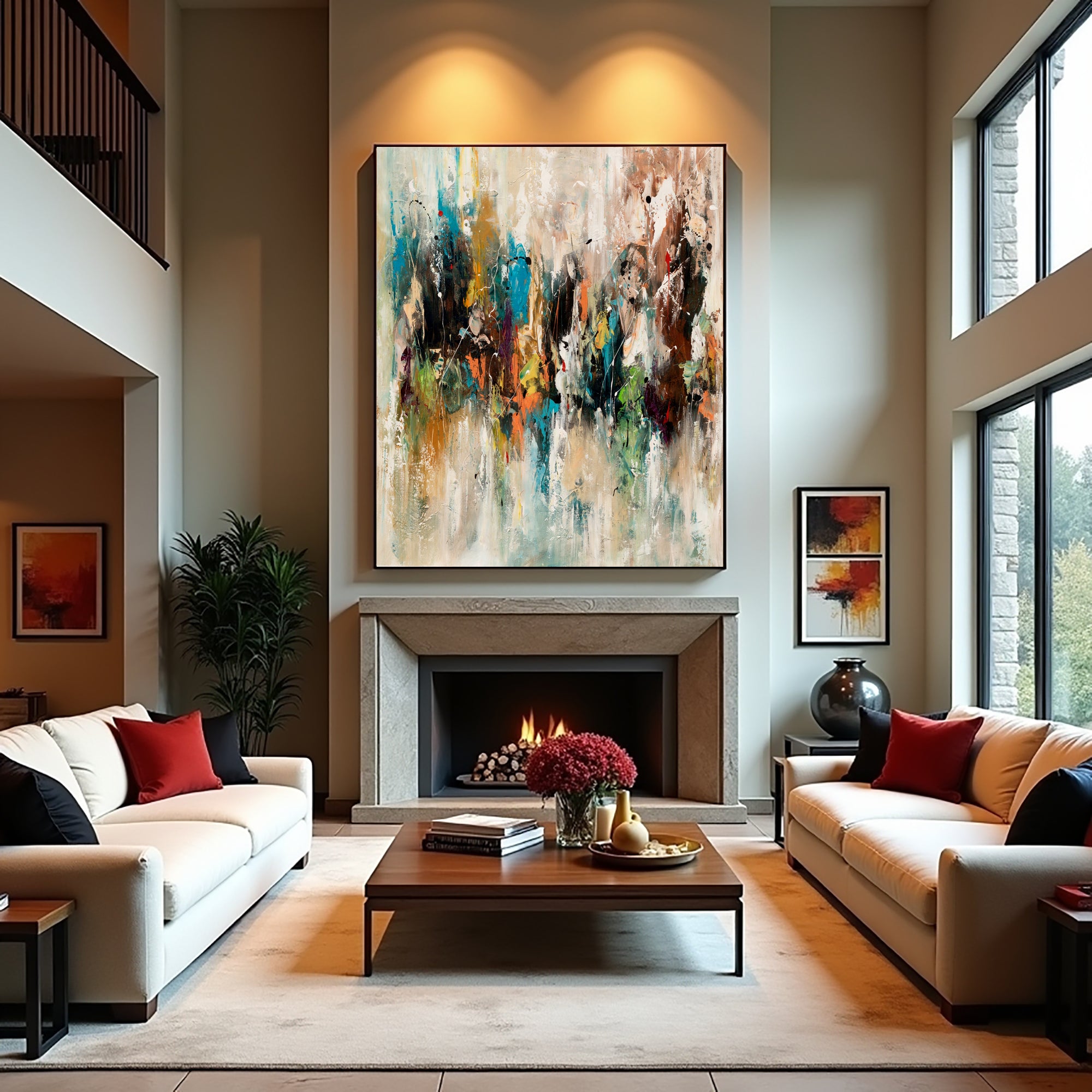 Distant Gathering textured abstract painting above a fireplace between two light sofas
