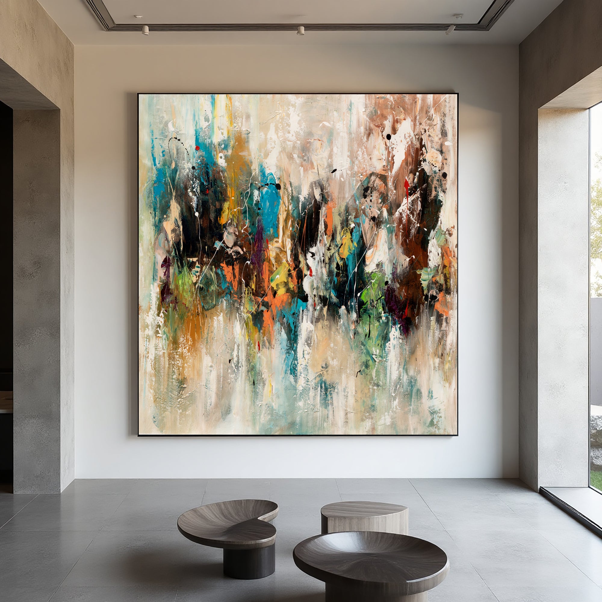 Distant Gathering large textured abstract artwork with layered turquoise, charcoal and rust tones in a modern interior
