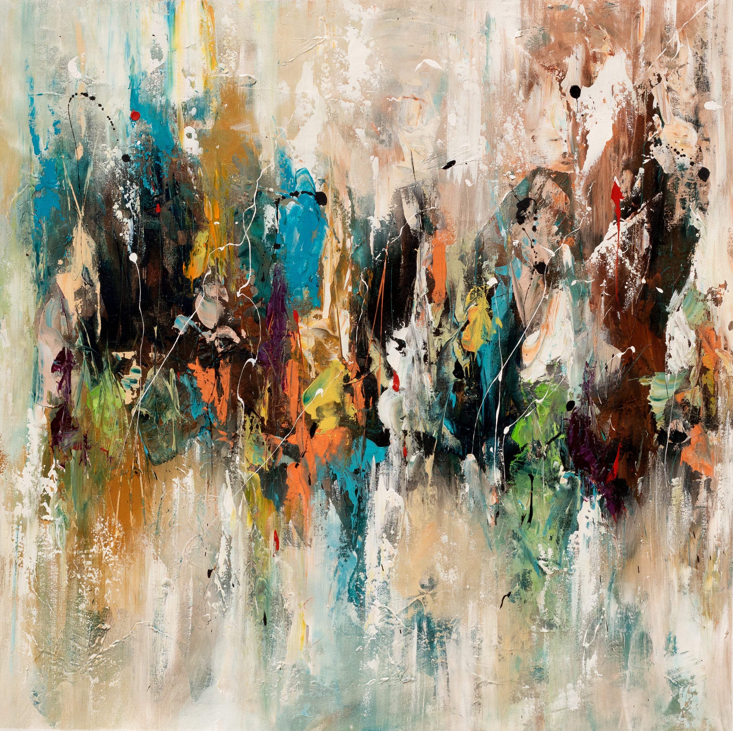 Distant Gathering textured abstract painting with clustered turquoise, teal, black, rust, orange and green marks on a pale ground