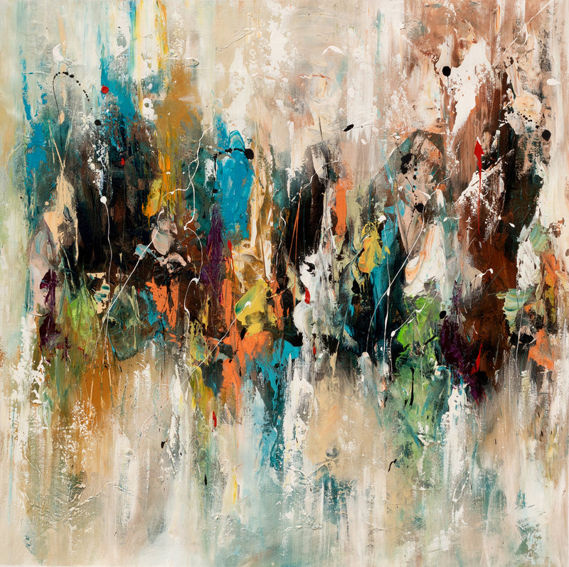 Distant Gathering textured abstract painting with clustered turquoise, teal, black, rust, orange and green marks on a pale ground