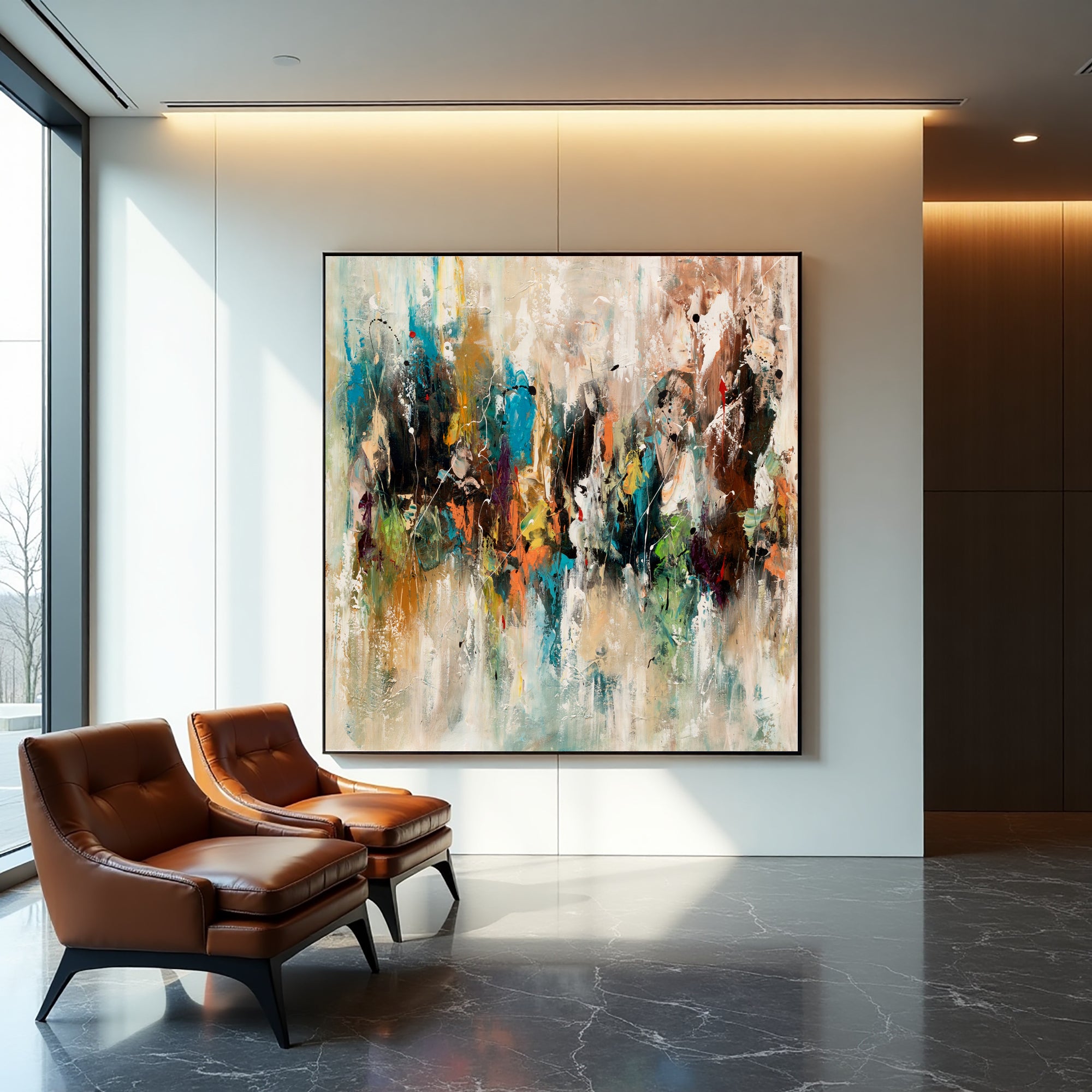 Distant Gathering multicolour abstract painting with expressive clustered marks beside modern leather chairs