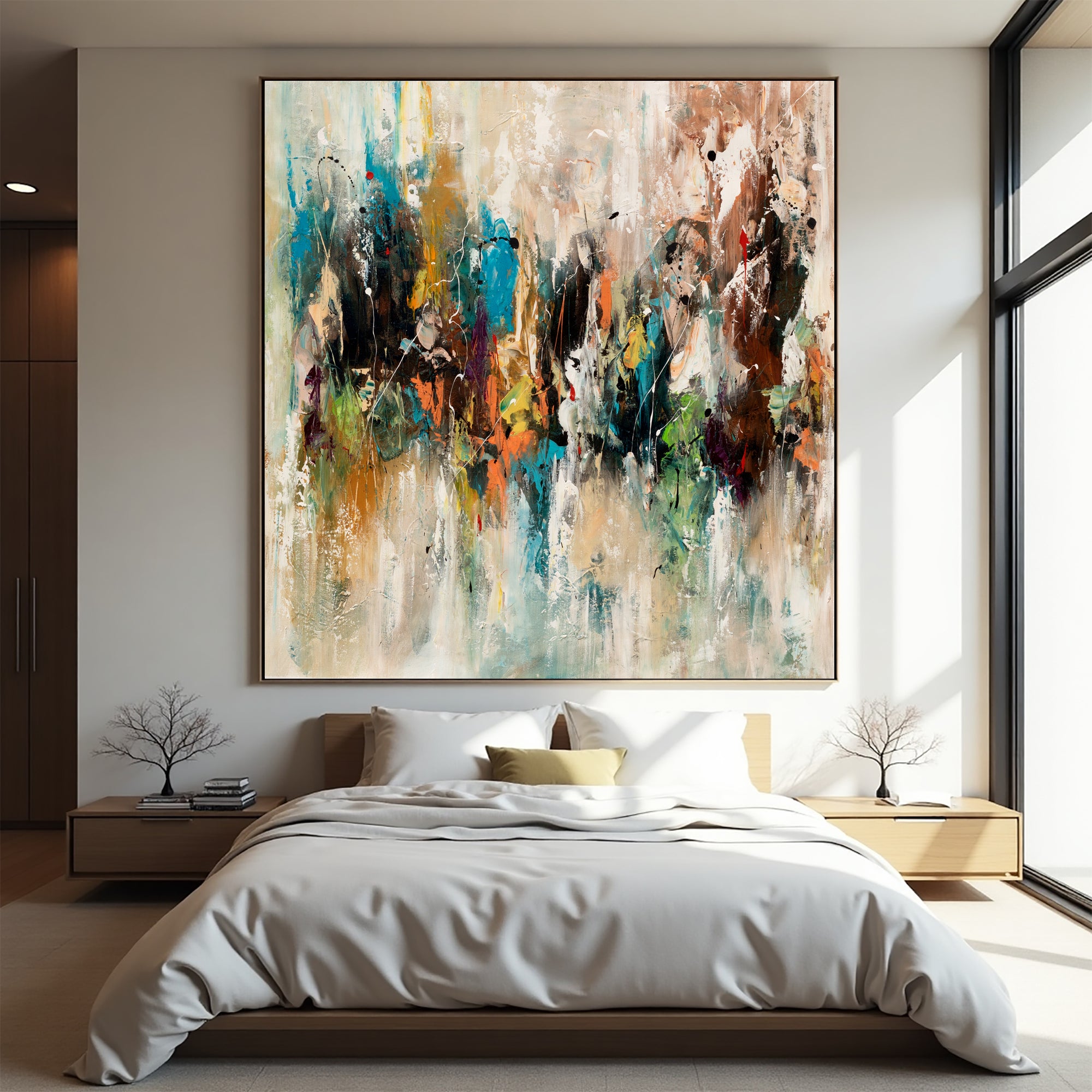 Distant Gathering square abstract painting with layered cream, teal, black, rust and orange marks above a modern bed