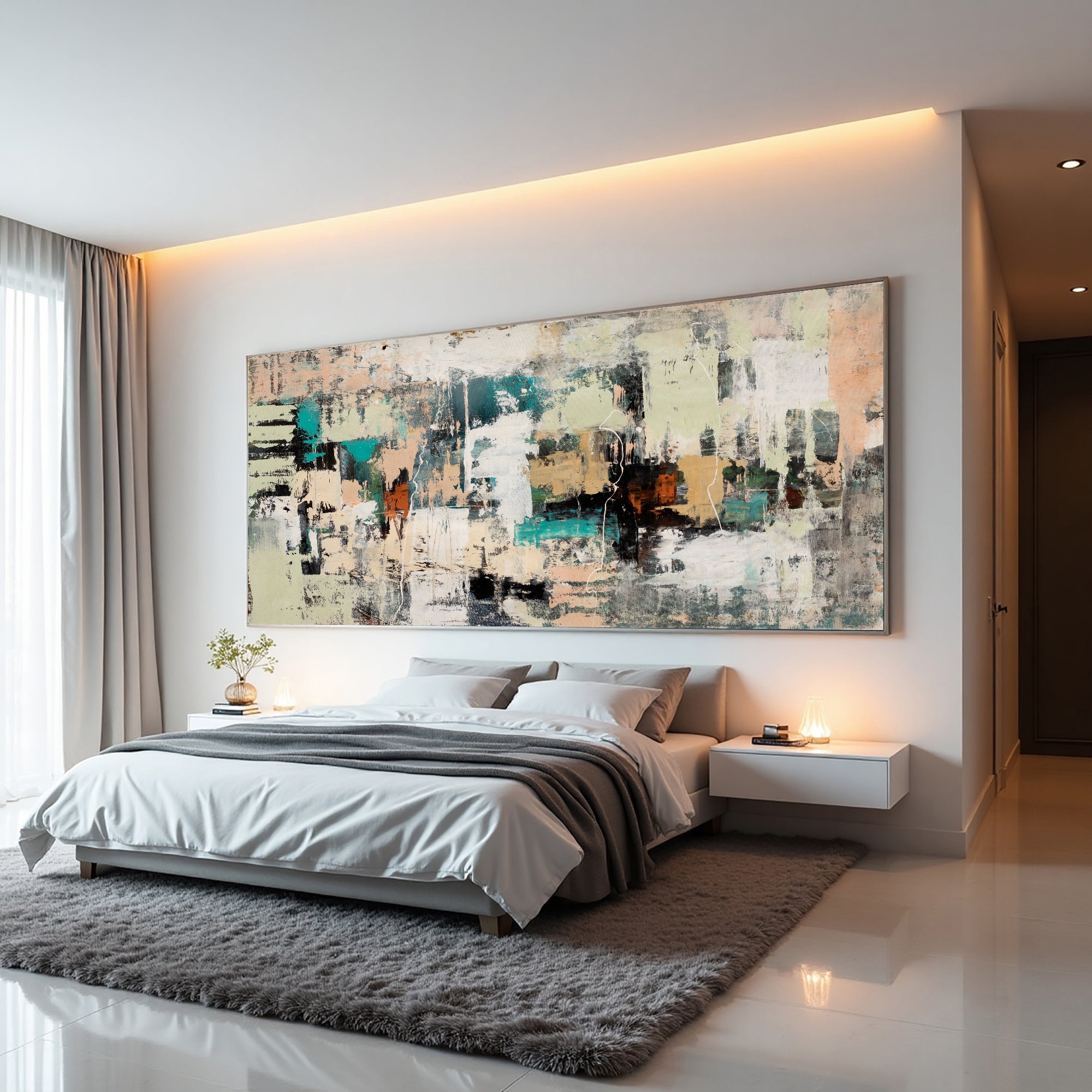 Earth and Echo textured neutral abstract painting above a modern bed in a softly lit contemporary bedroom