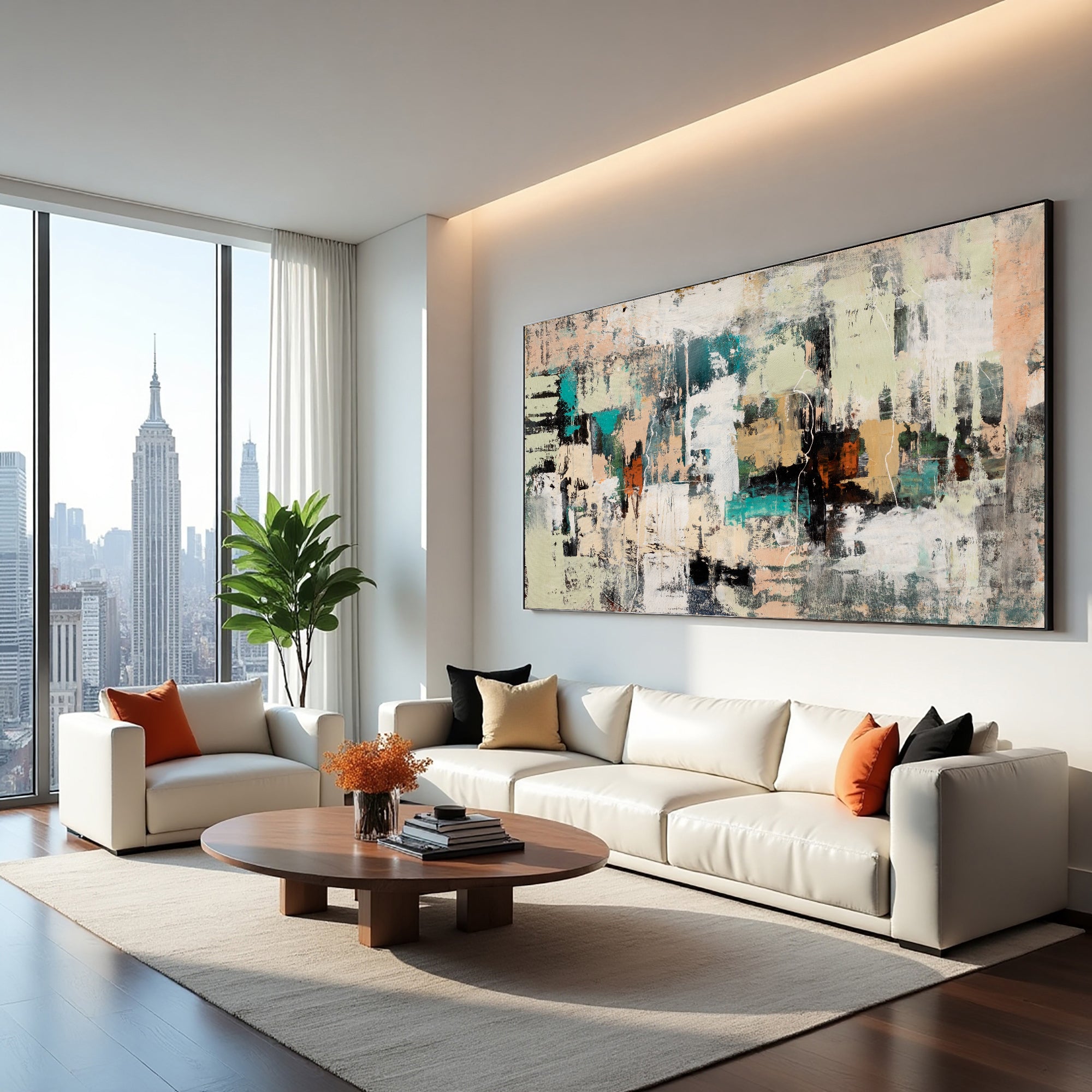 Earth and Echo neutral textured abstract painting displayed beside a modern staircase