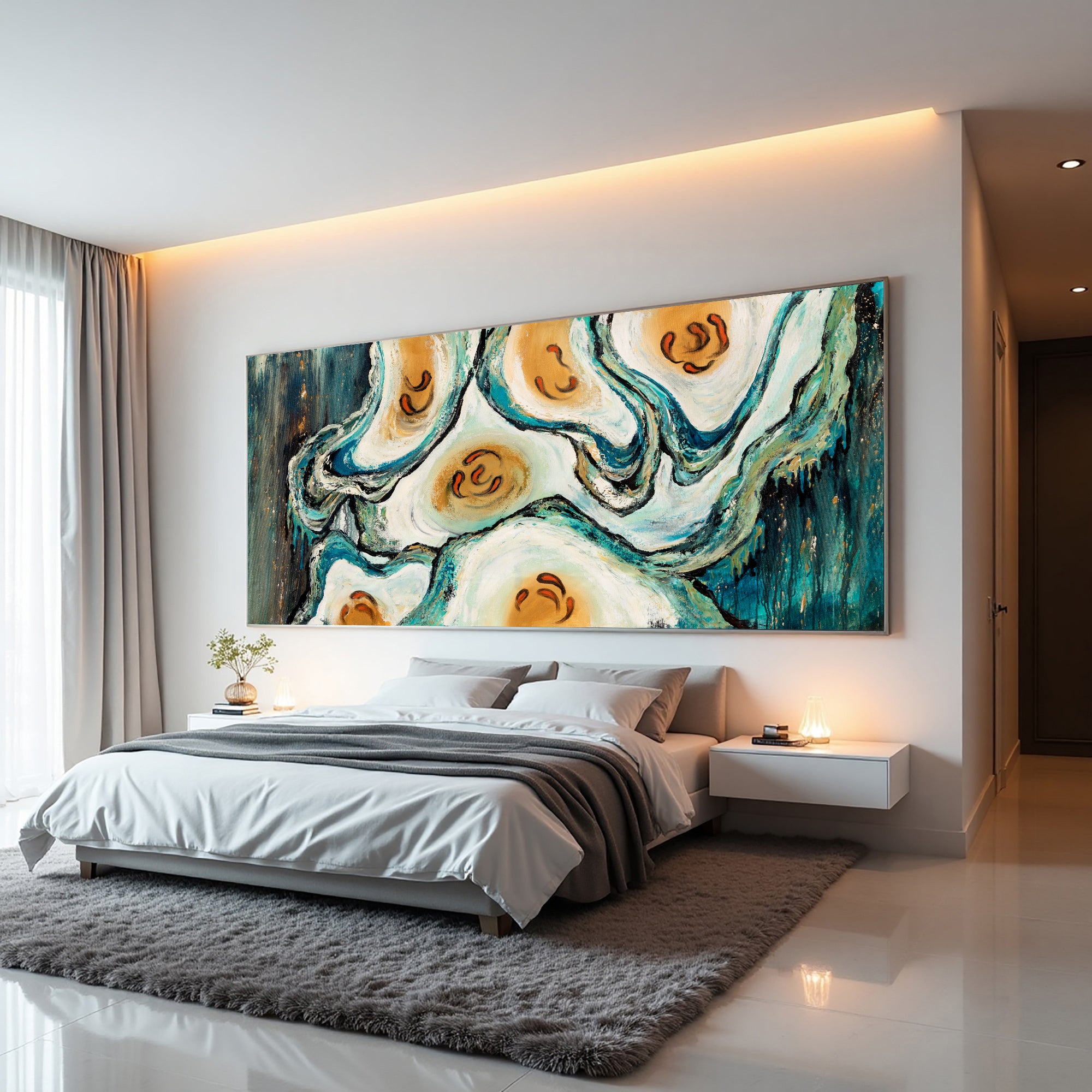 Erosion of Form cream oyster wall art displayed in a modern living room