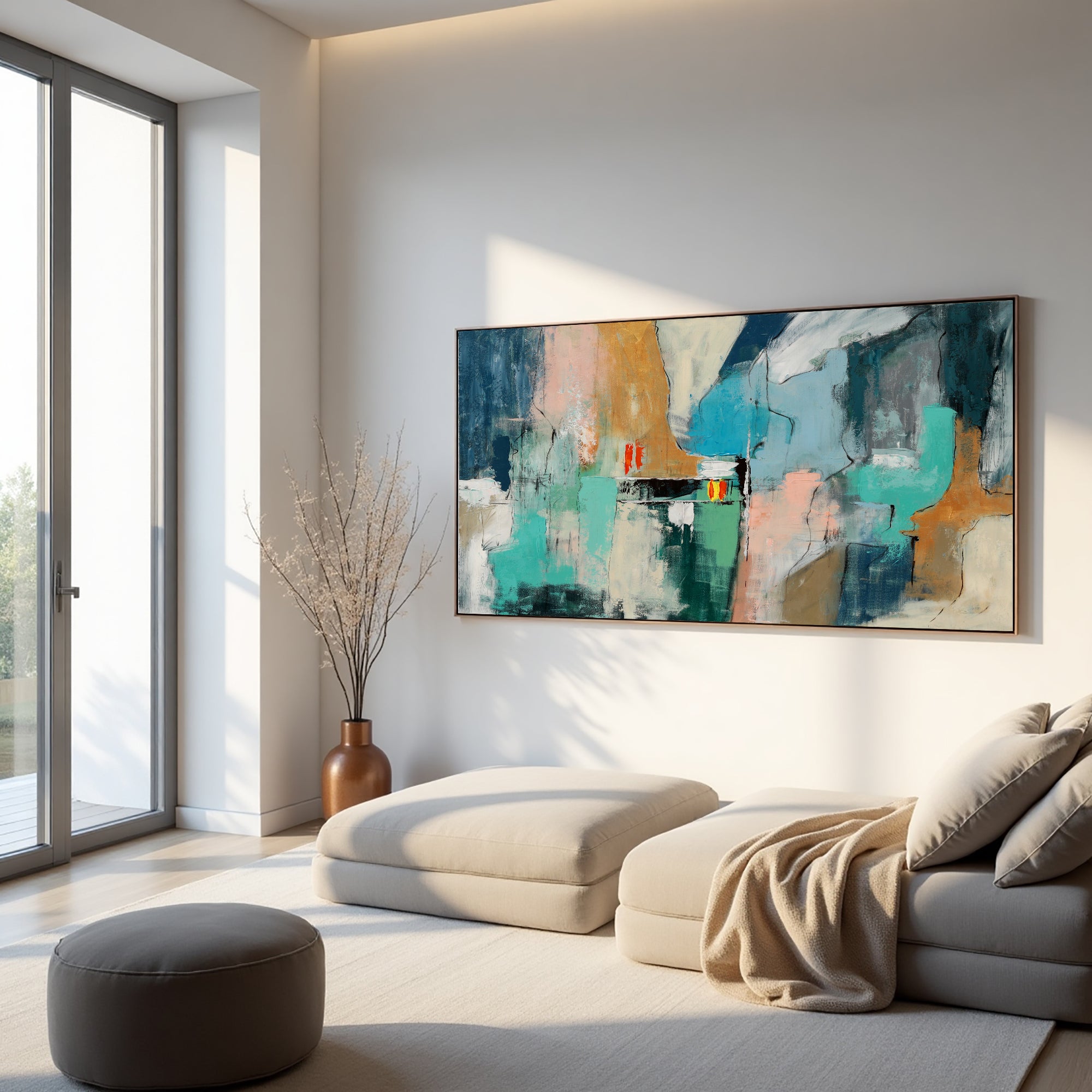 Fading Terrains muted teal abstract artwork in a sunlit neutral interior