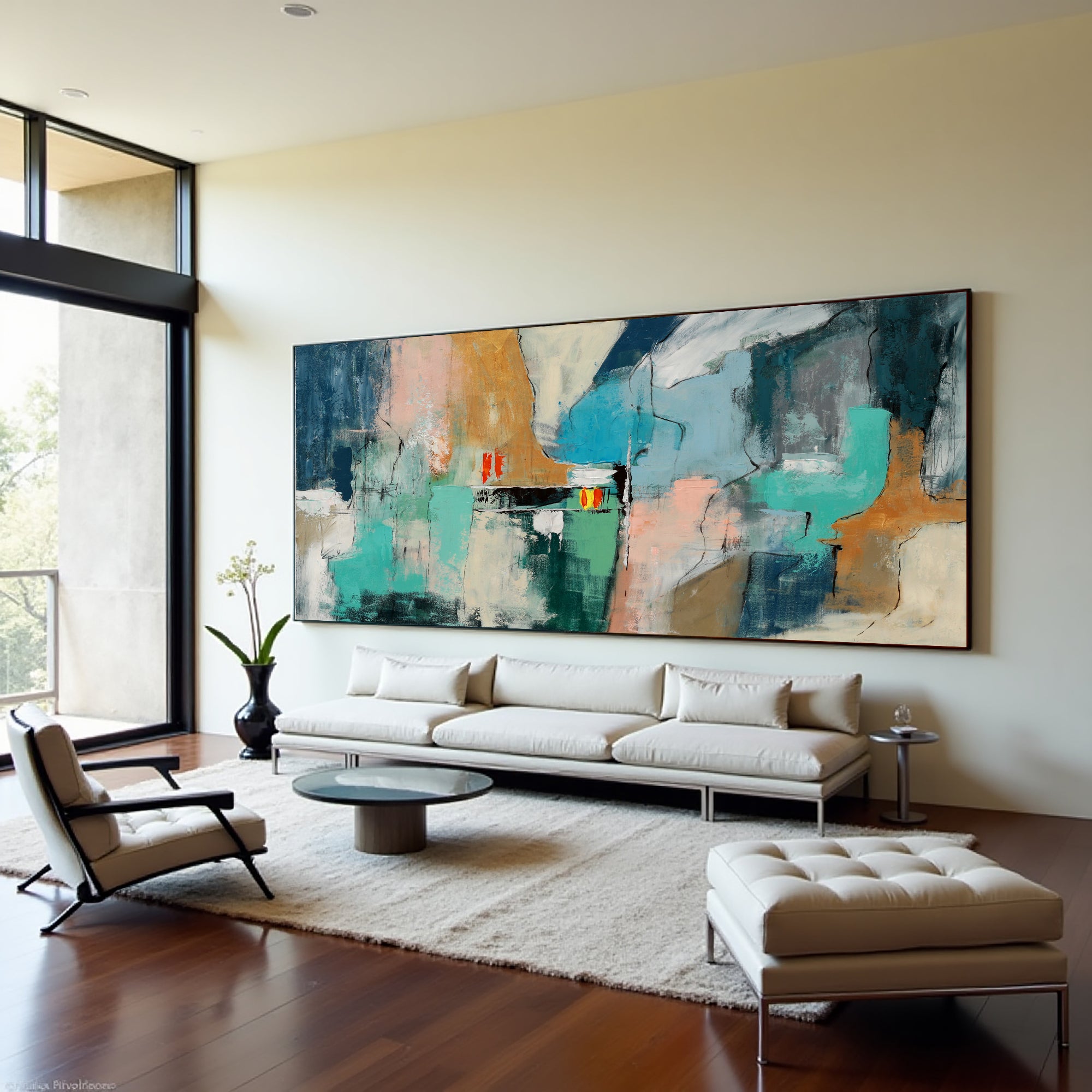 Oversized Fading Terrains abstract canvas with turquoise, teal, peach and ochre shapes above a white sofa