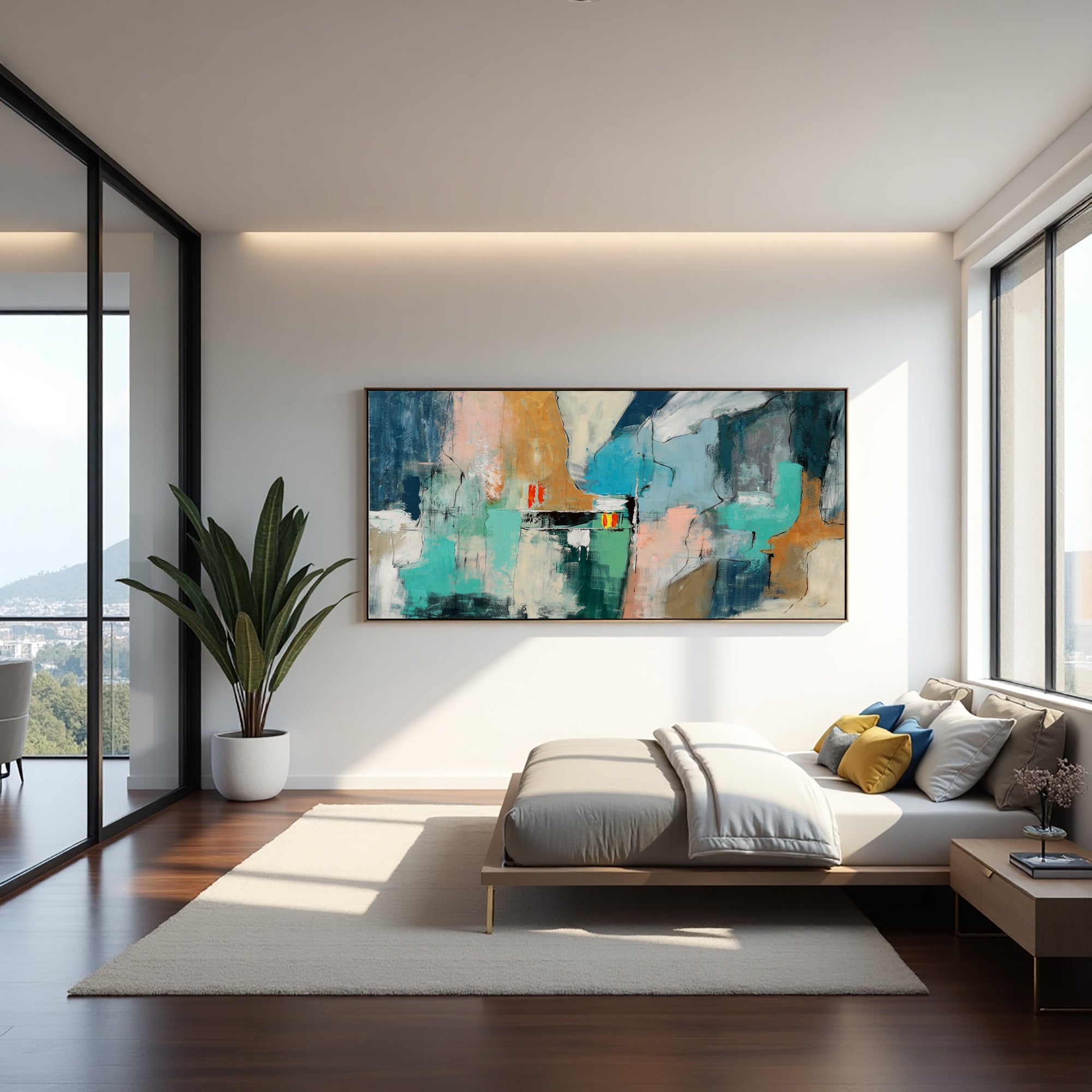 Fading Terrains horizontal teal abstract painting displayed above a modern bed