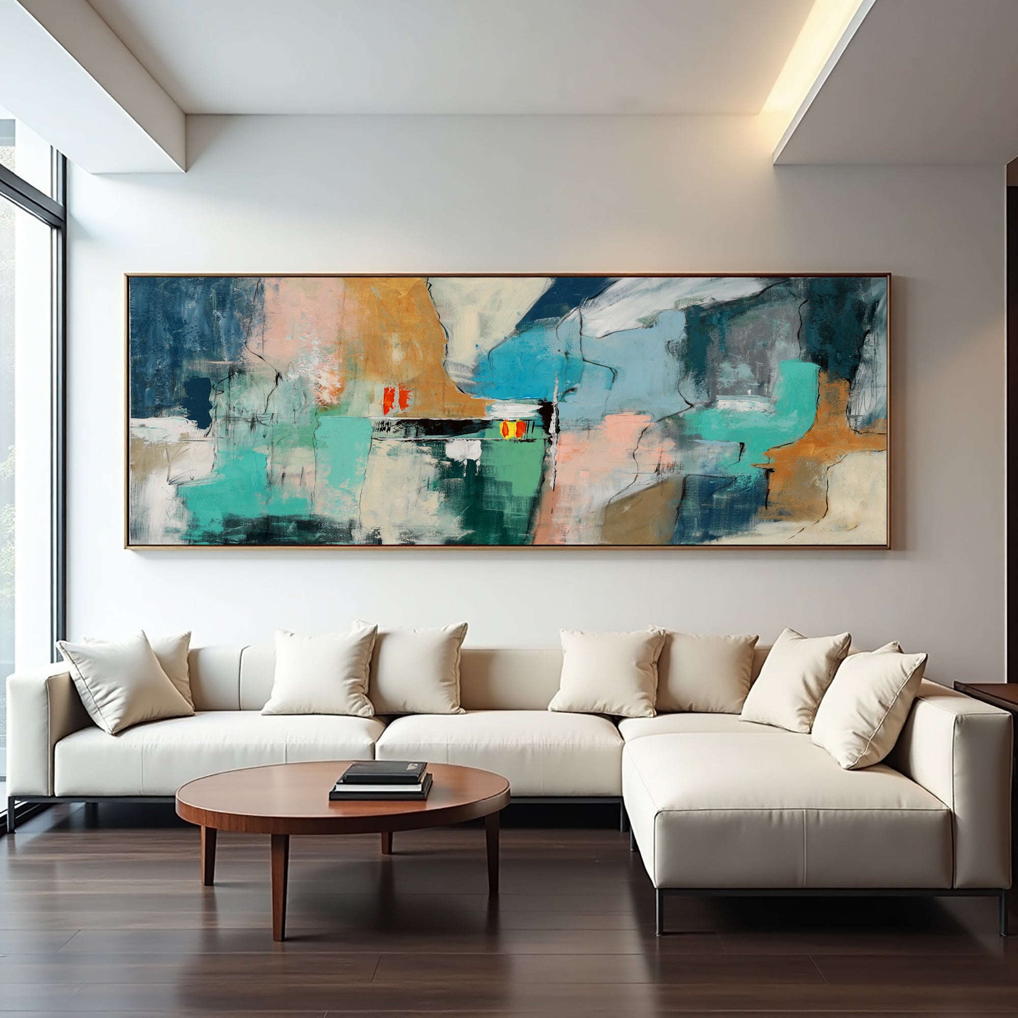Fading Terrains teal abstract painting displayed above a white sectional sofa