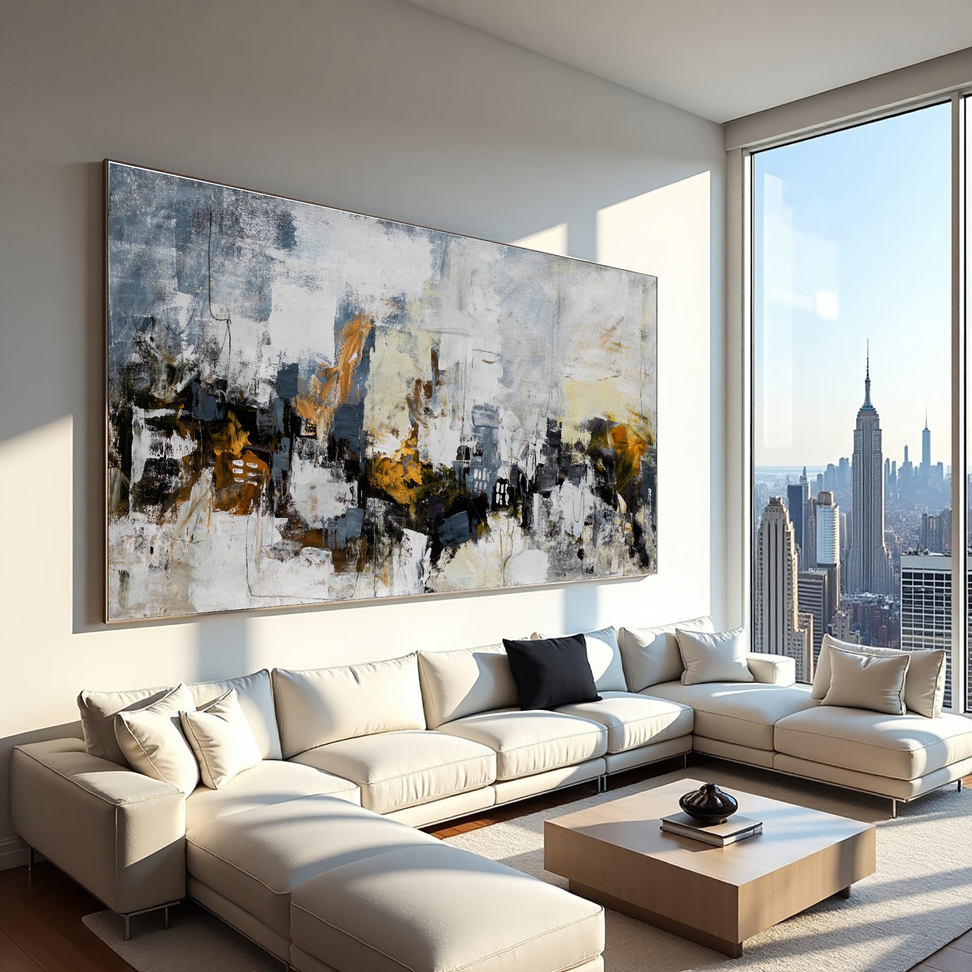 Golden Faultline abstract painting above a sectional sofa overlooking a city skyline