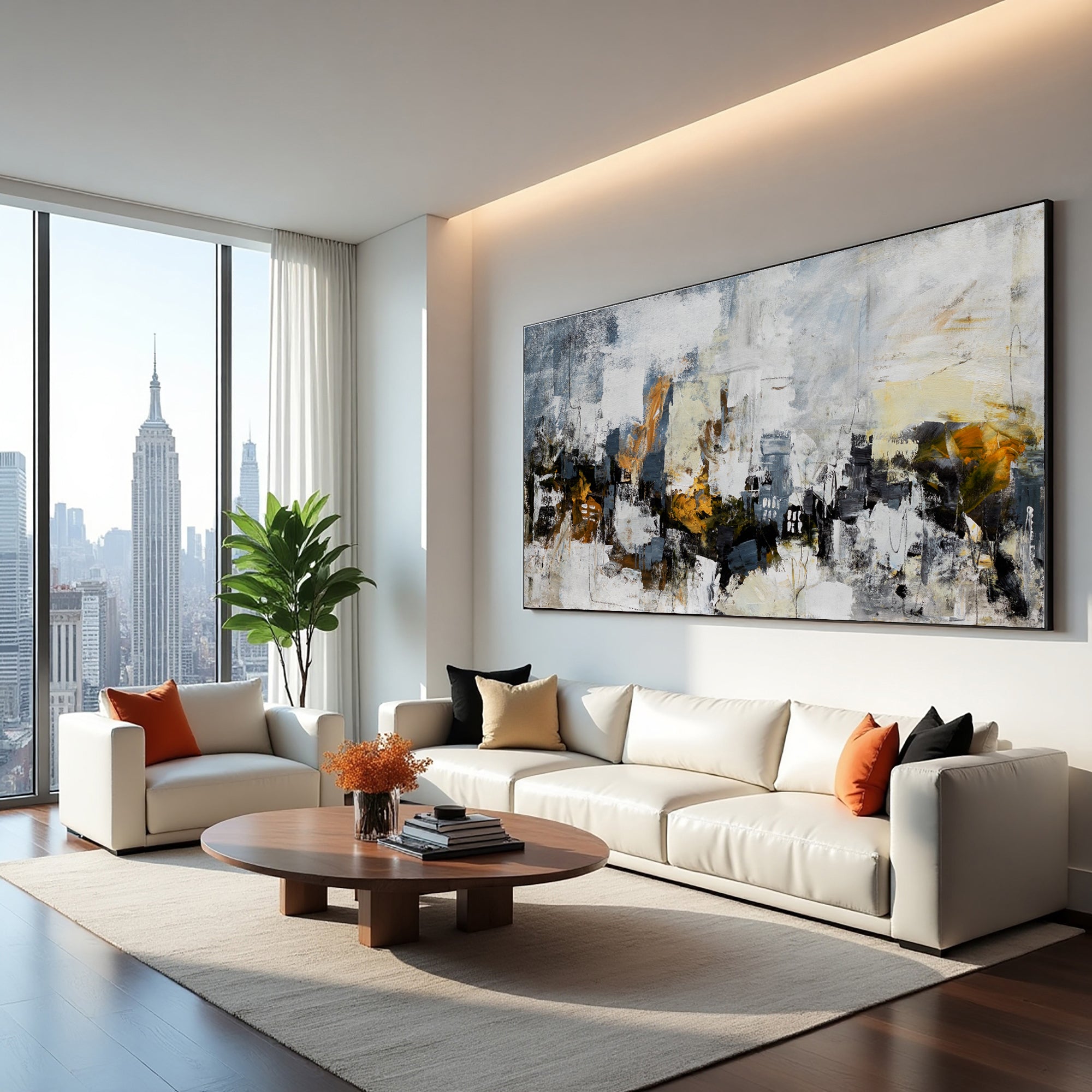 Golden Faultline abstract painting above a sofa in a bright living room with city views
