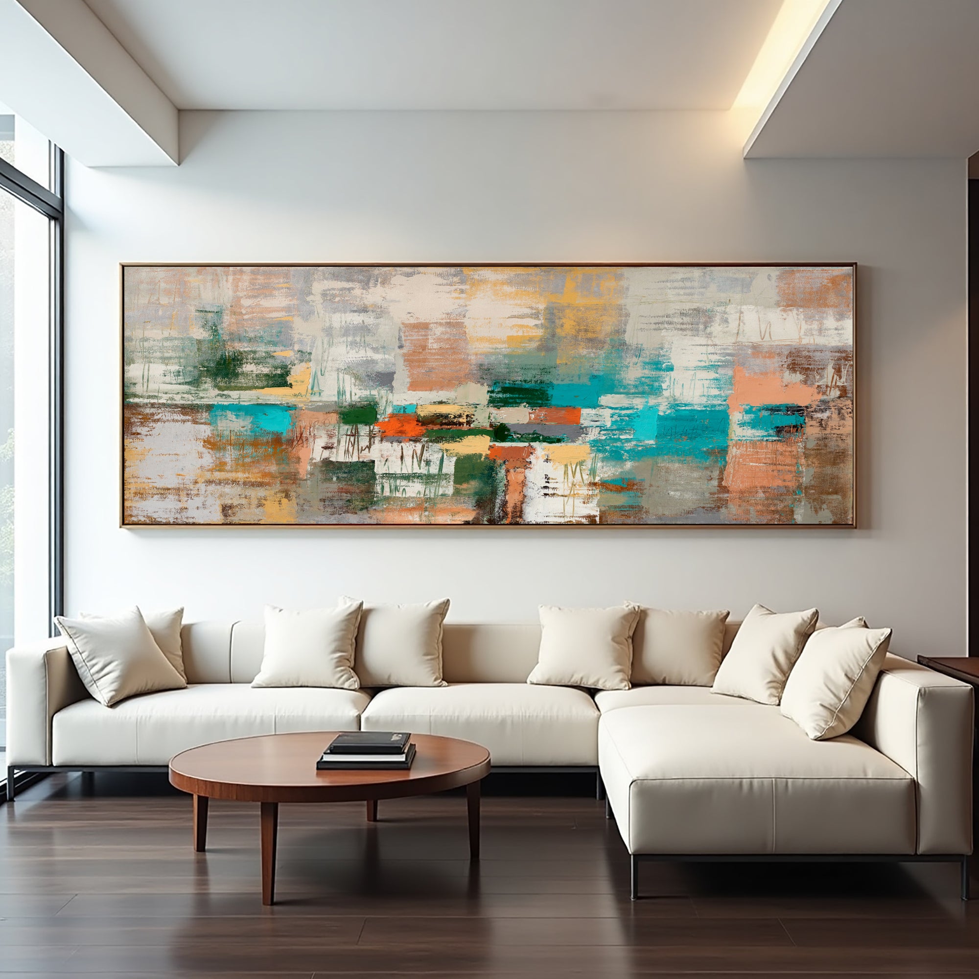 Muted Geometry oversized geometric abstract painting above a white sectional sofa