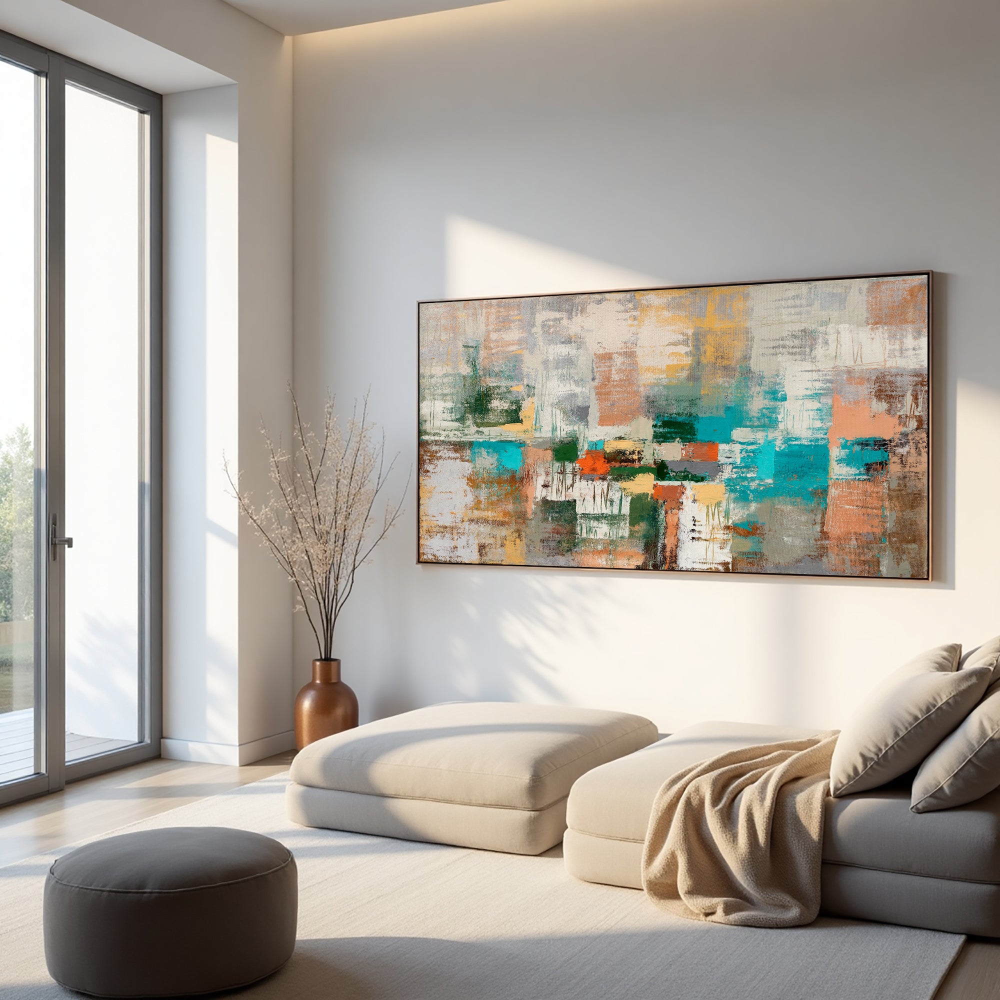 Muted Geometry turquoise and peach abstract wall art in a sunlit minimalist living room
