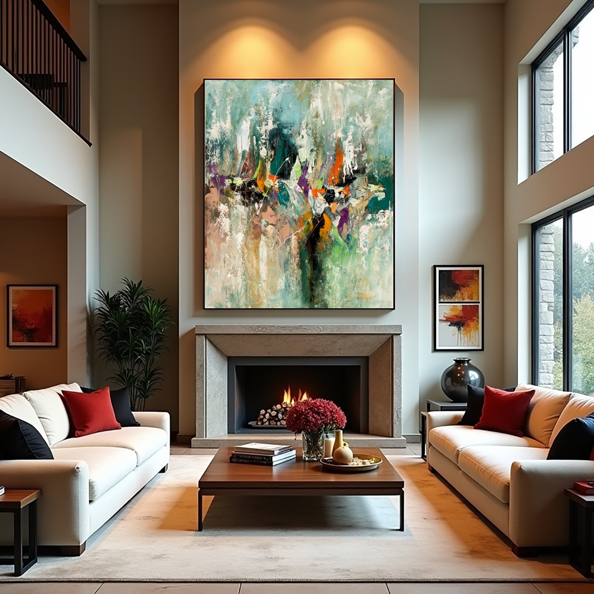 Soft Convergence textured abstract painting above a fireplace between two light sofas