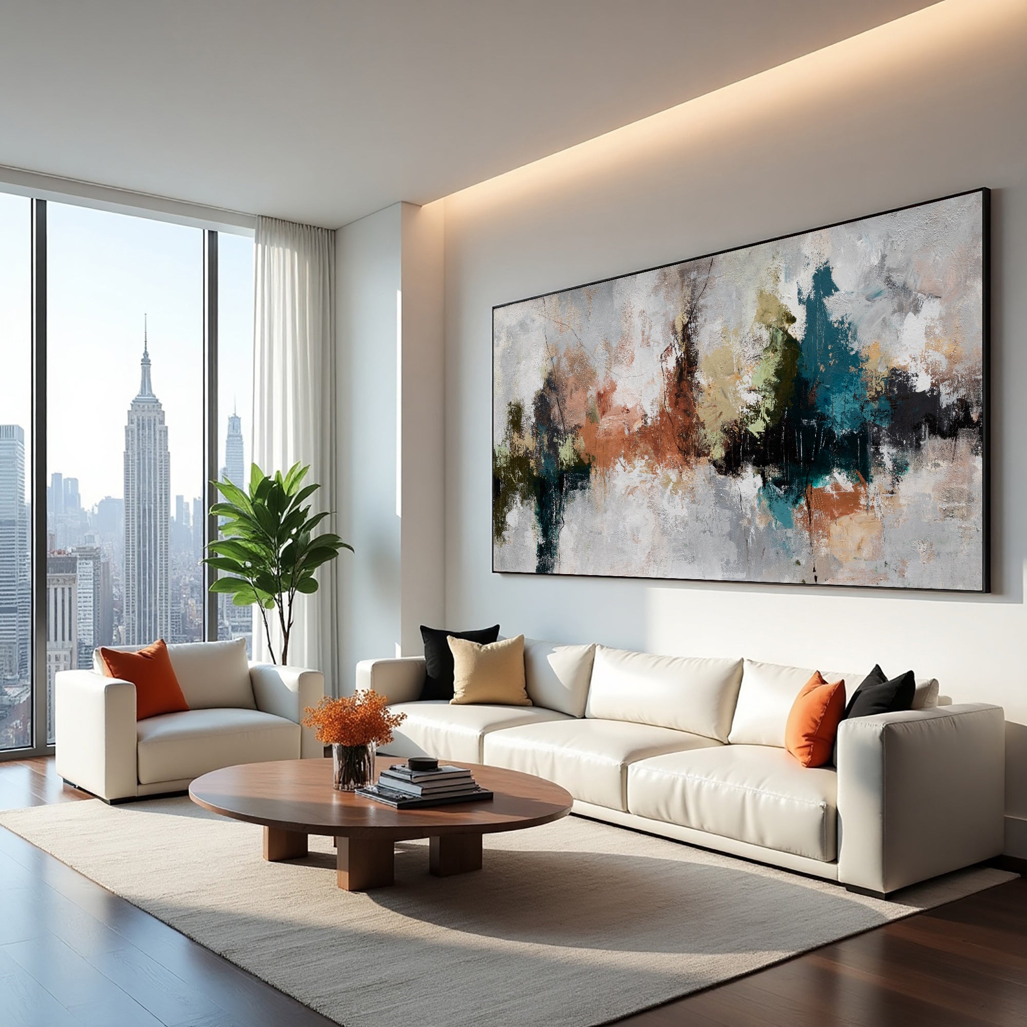 Quiet Divide textured abstract painting with teal and rust accents above a sofa in a bright city-view living room