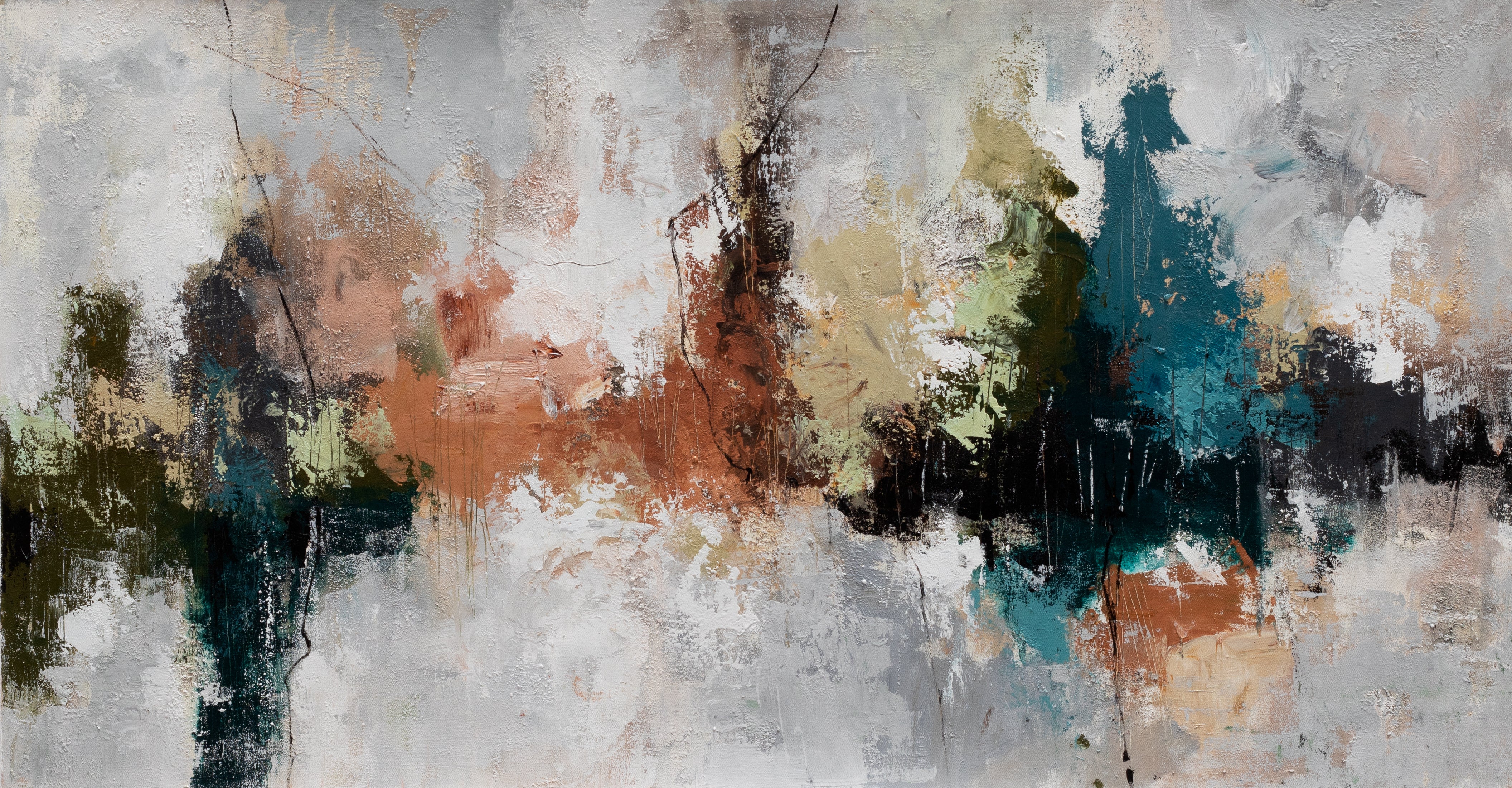 Original Quiet Divide abstract painting with textured cream and grey ground, teal, rust, olive and charcoal marks