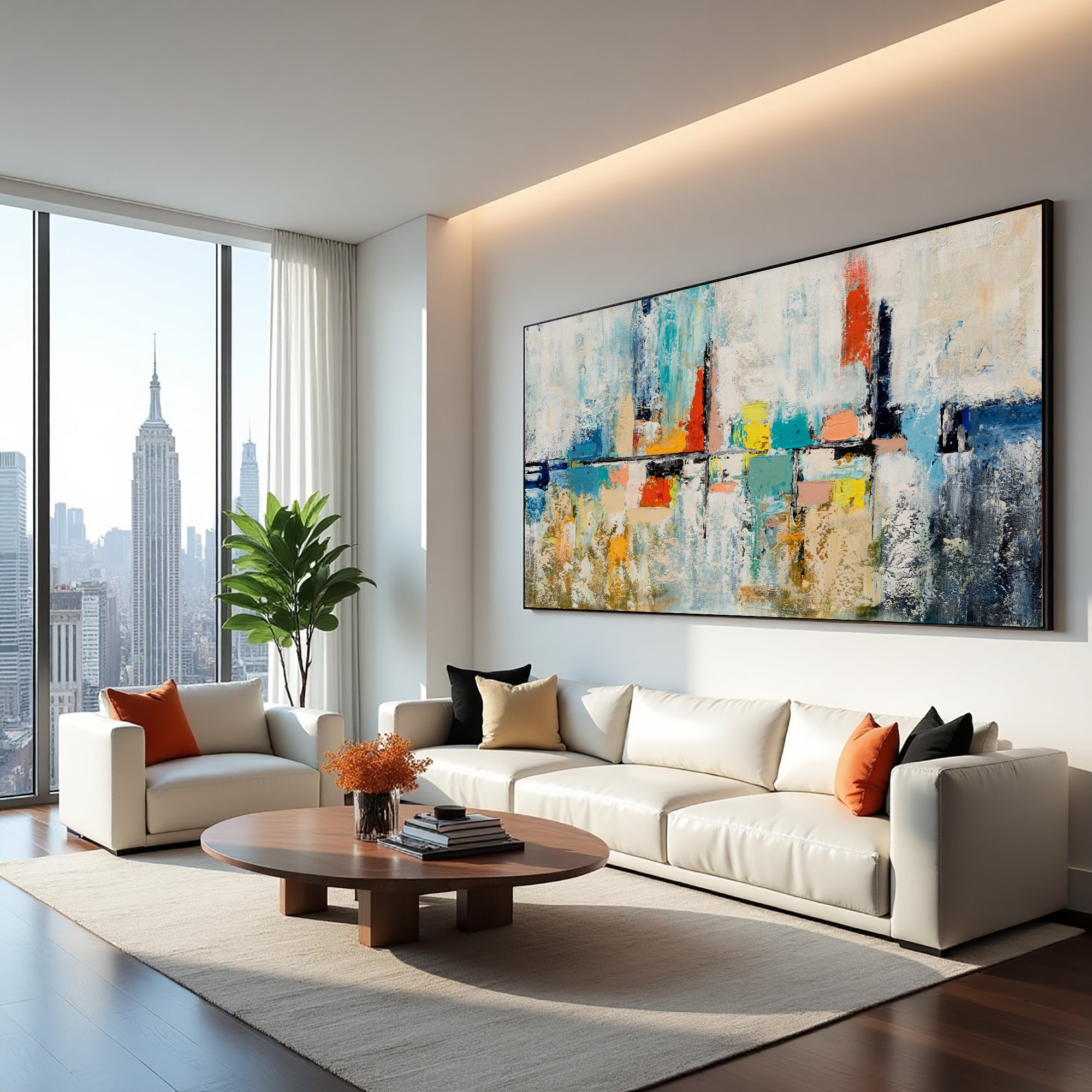 Large Skyline in Silence abstract cityscape painting displayed in a contemporary high-rise living room