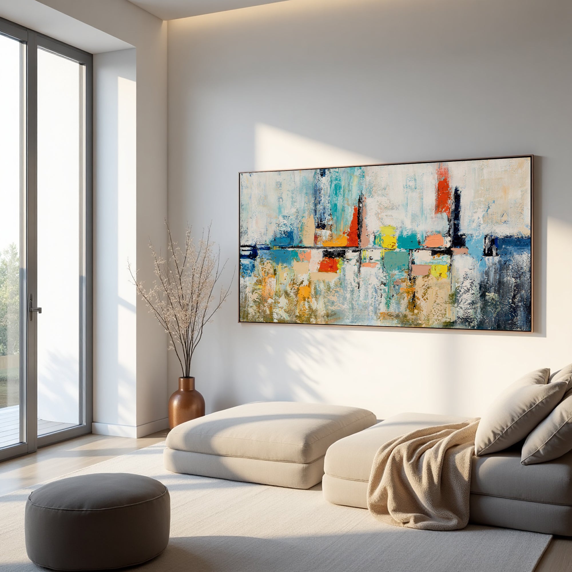 Skyline in Silence neutral abstract cityscape painting in a softly lit minimalist interior