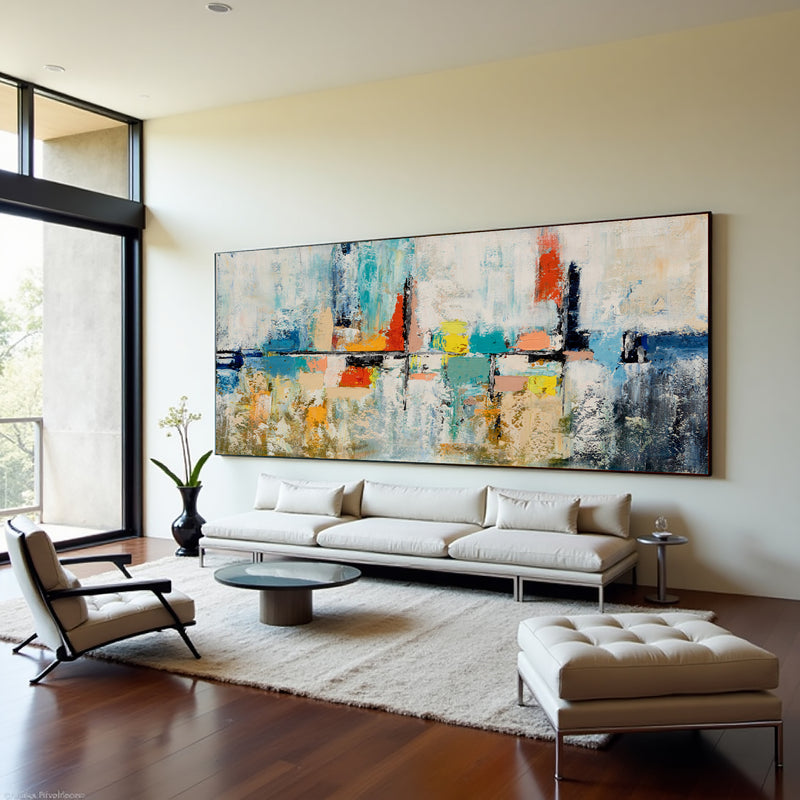 Skyline in Silence oversized abstract cityscape painting above a white sofa in a modern living room