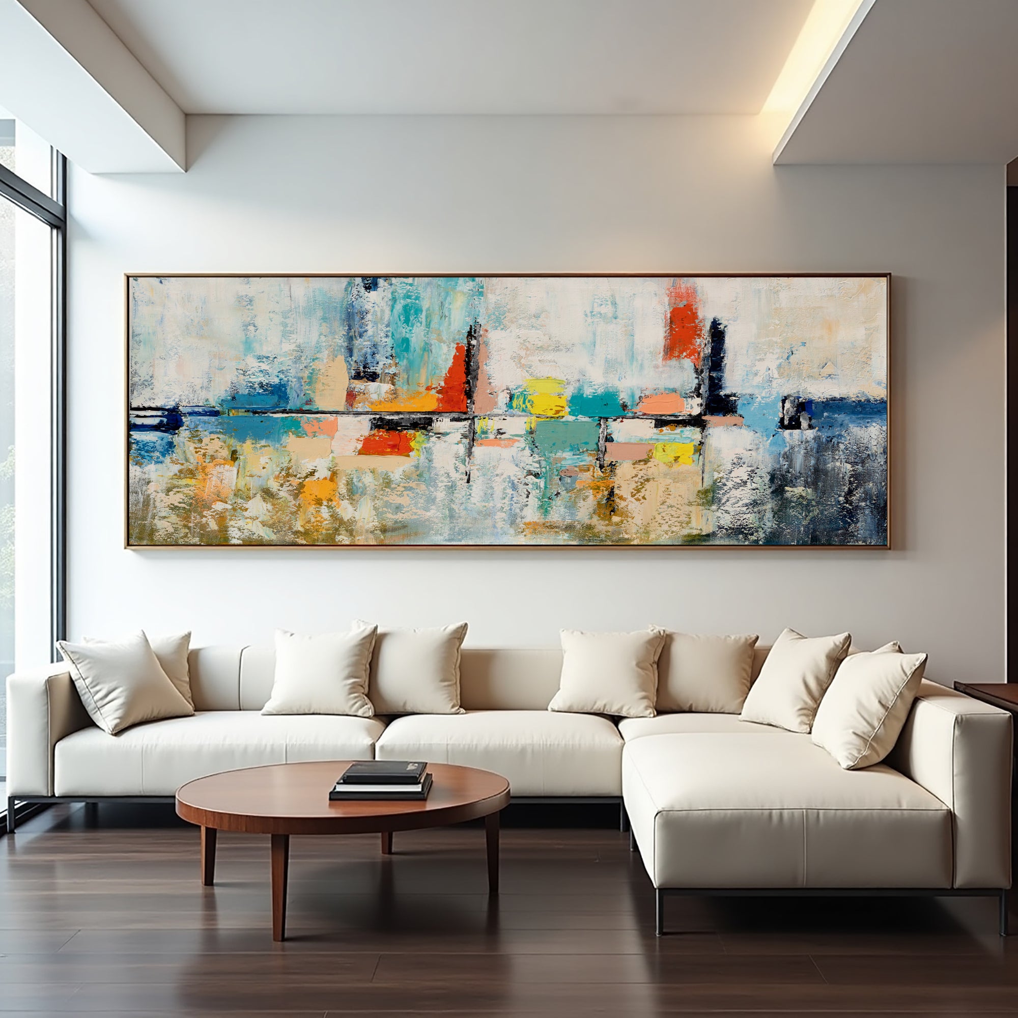 Skyline in Silence textured abstract painting with pale layers and colourful architectural forms above a sectional sofa