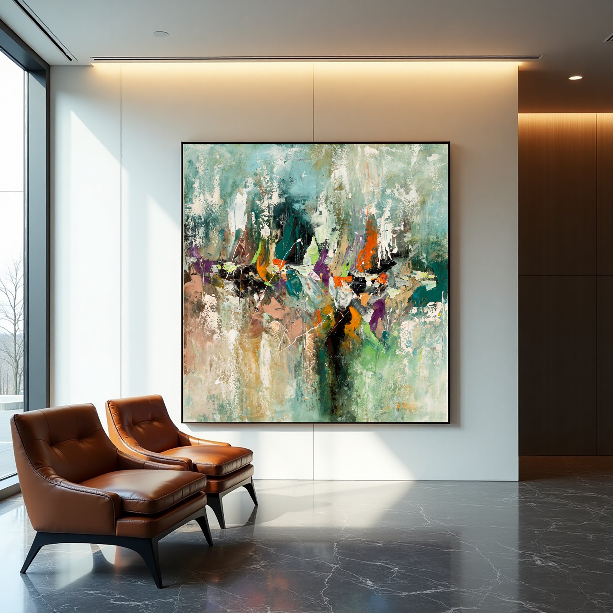 Soft Convergence textured abstract painting with teal, orange and purple accents beside modern leather chairs