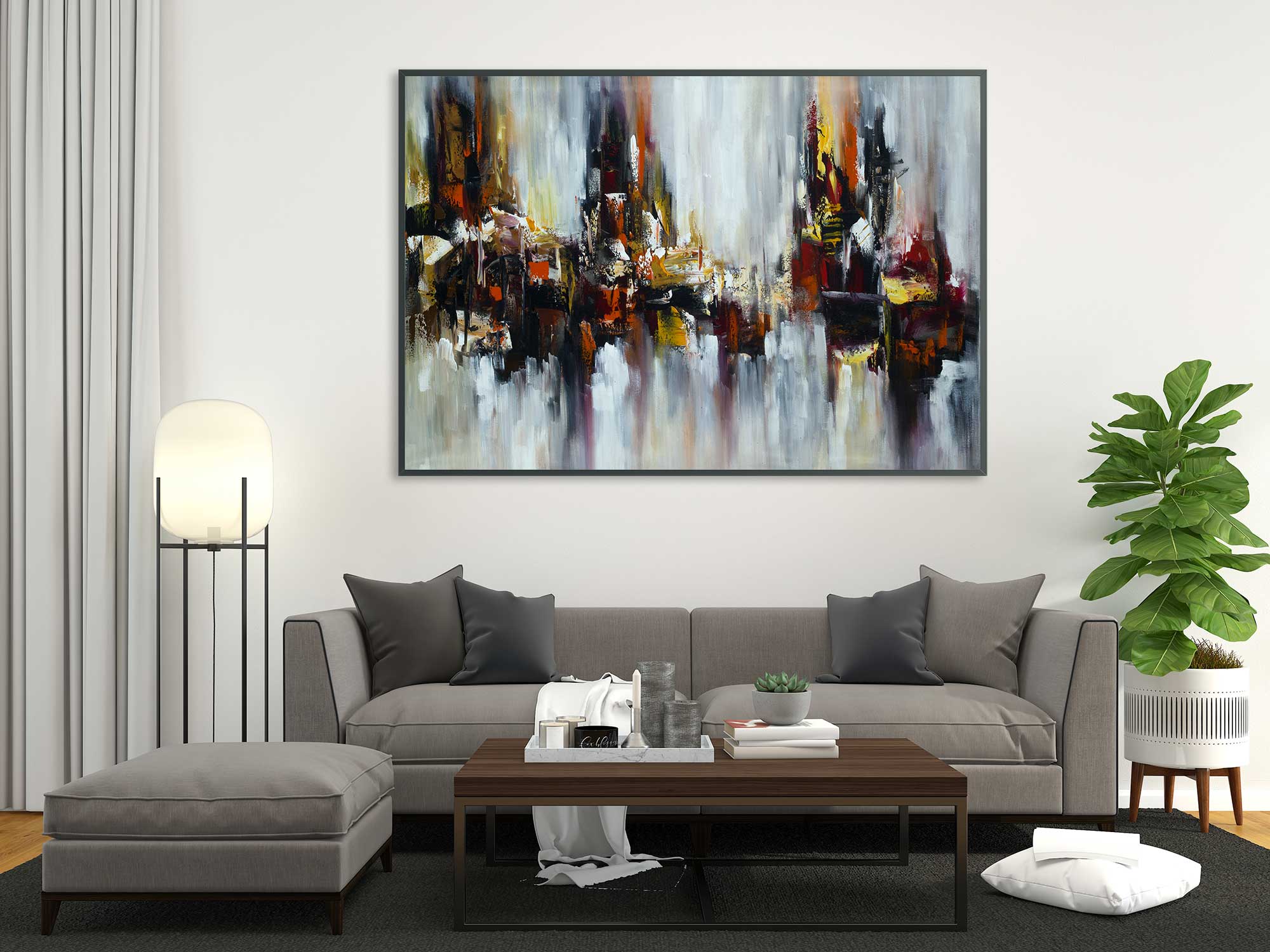 Autumn 3 - Abstract art category - grey sofa - modern living room background - black frame