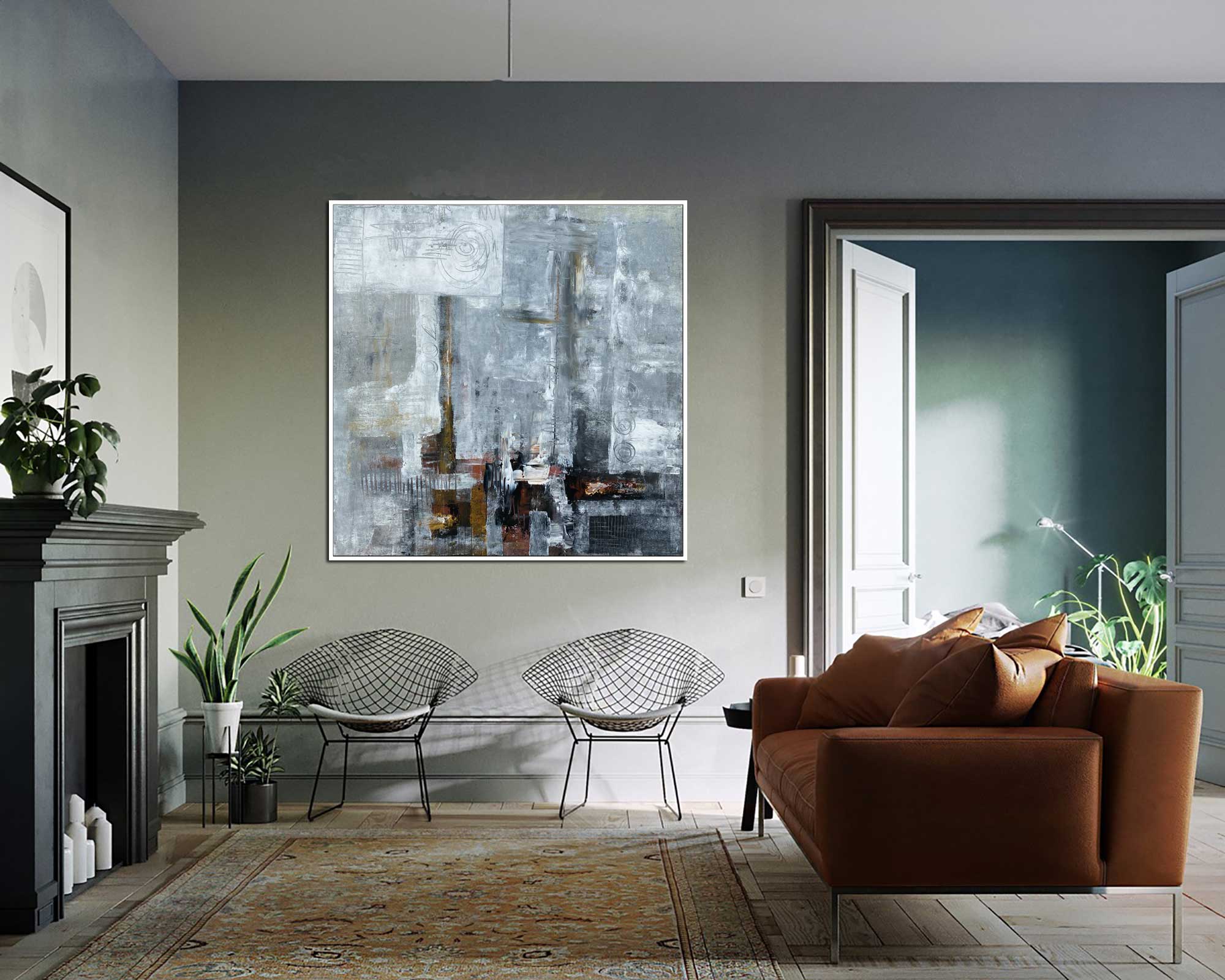 Blizzard - Abstract art category - Modern brown sofa background - white frame style