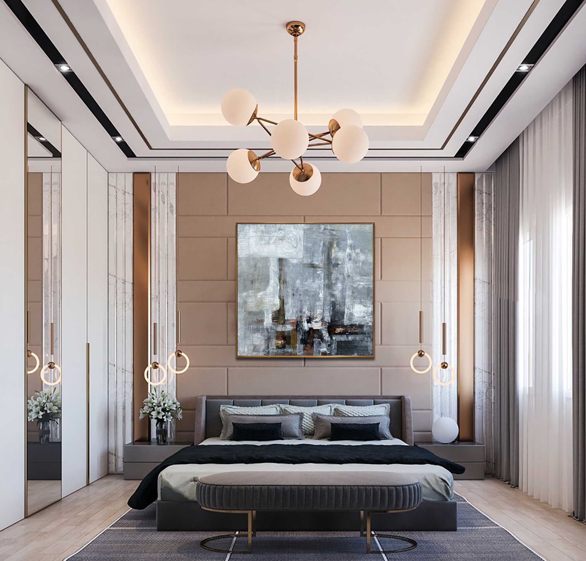 Blizzard - Abstract art category - modern bedroom art display - golden frame style