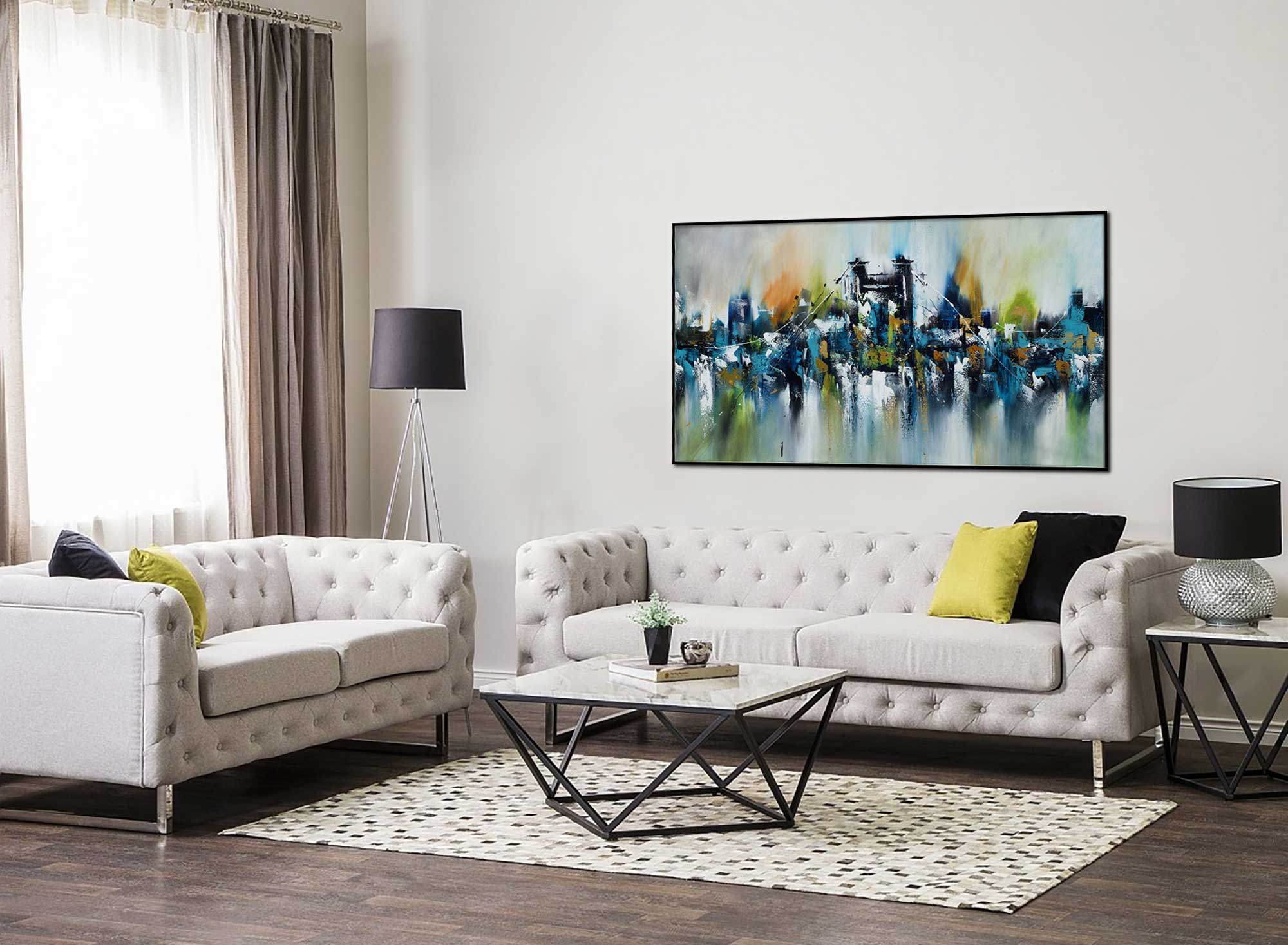 Bridge and the City - Cityscape art category - modern living room background - black frame style