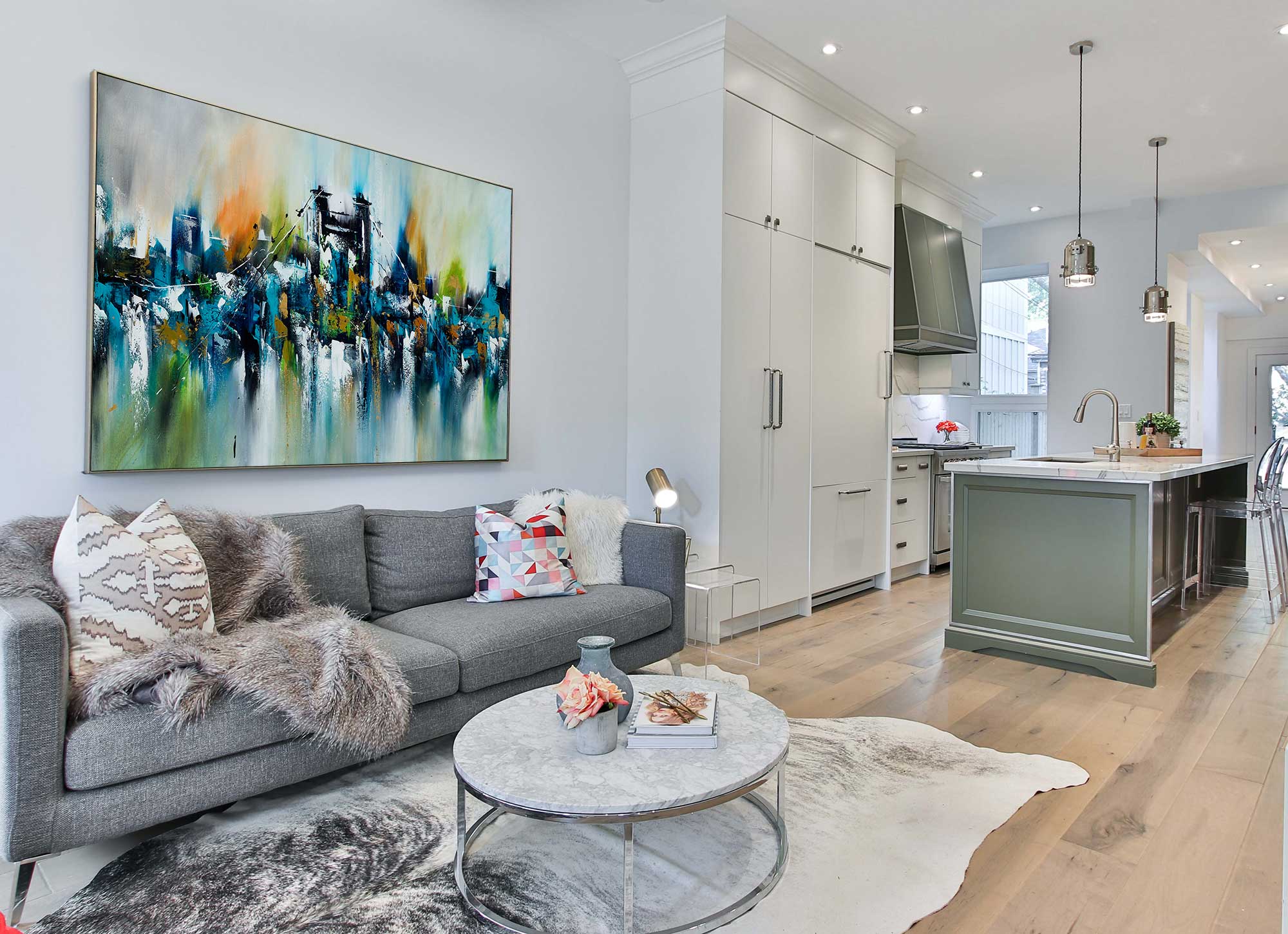 Bridge and the City - Cityscape art category - open plan living room side display - metal frame