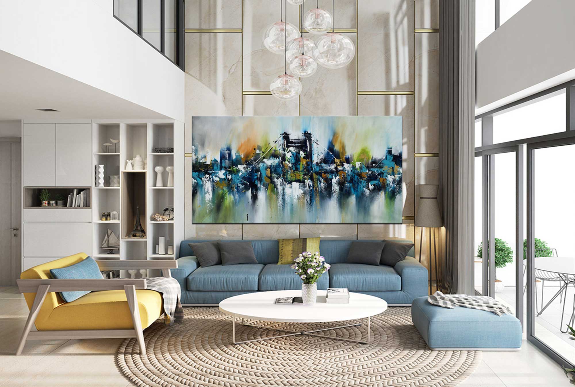 Bridge and the City - Cityscape art category - teal sofa large wall display - gallery wrap