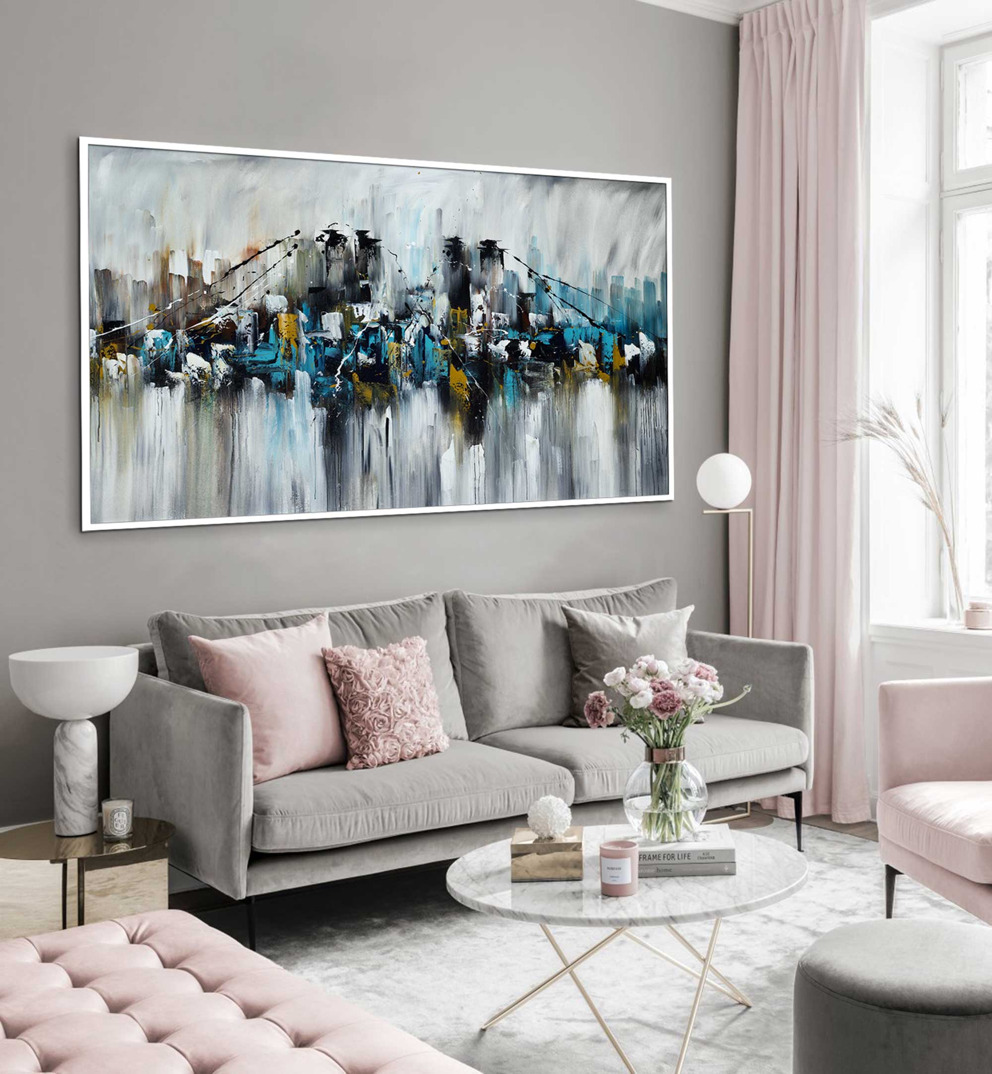 Bridge and the Skyscrapers - Cityscape art category - Grey sofa grey wall background - white frame