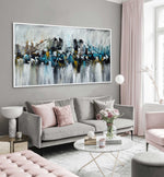 Bridge and the Skyscrapers - Cityscape art category - Grey sofa grey wall background - white frame