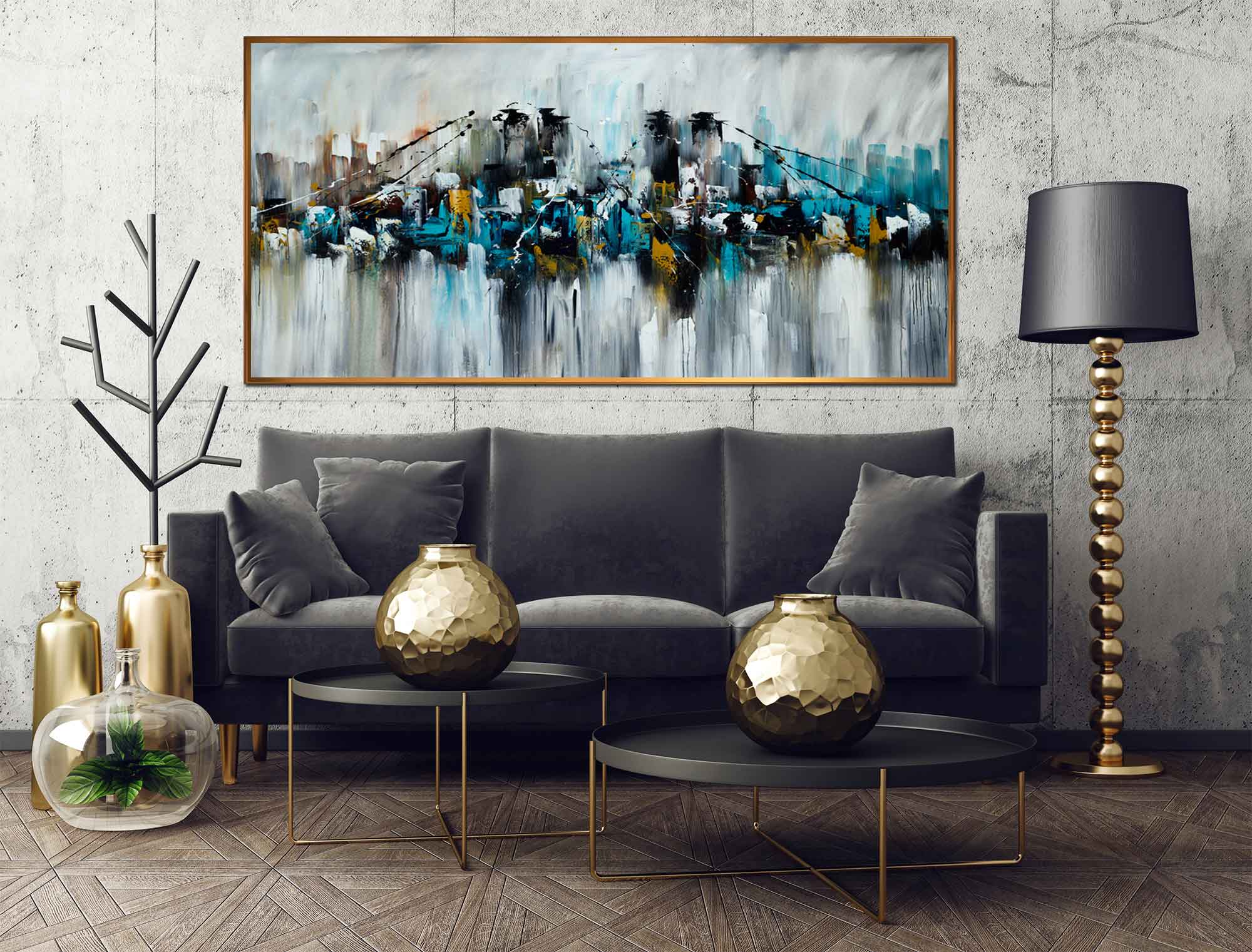 Bridge and the Skyscrapers - Cityscape art category - Black sofa background - golden frame