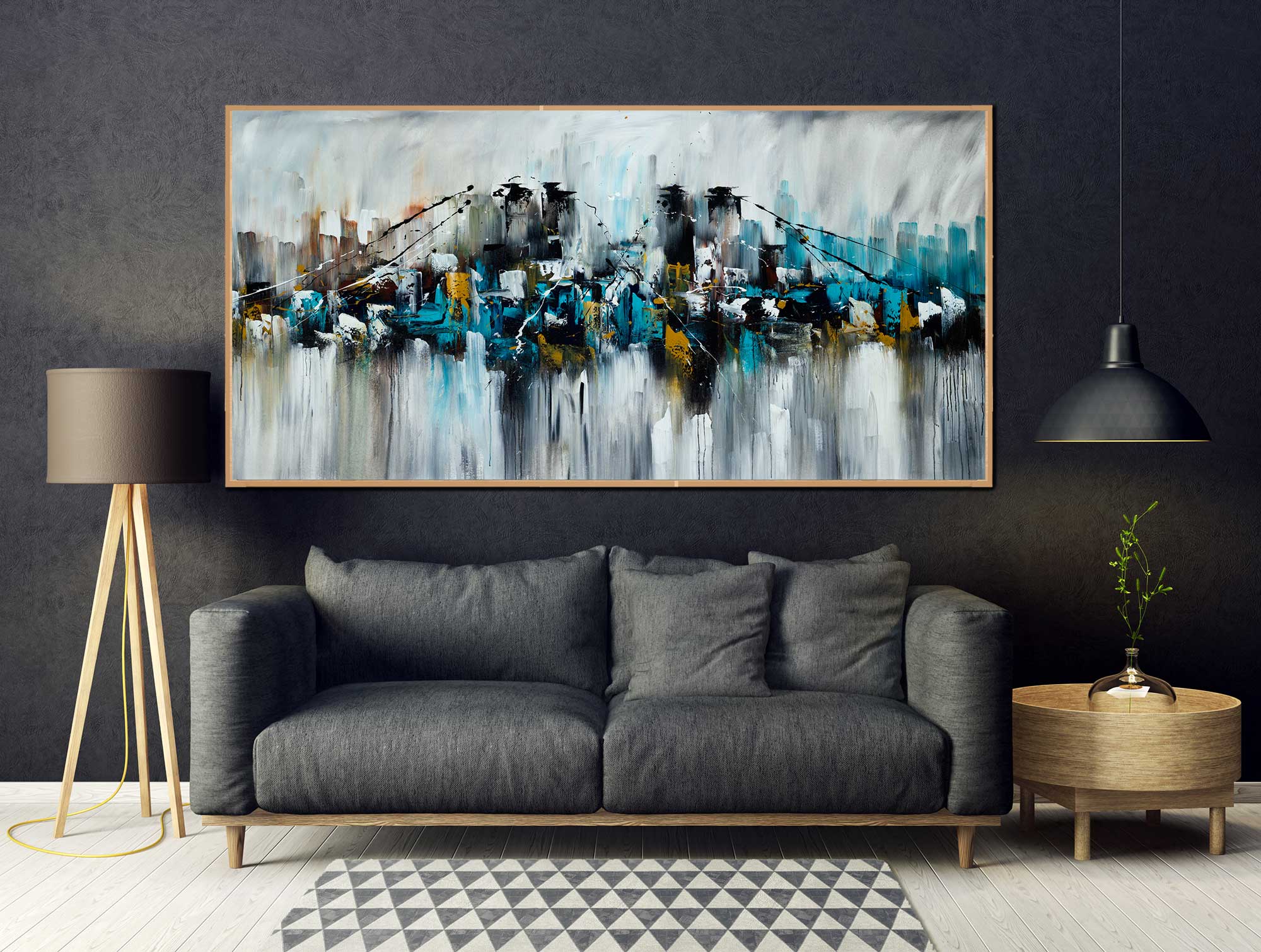 Bridge and the Skyscrapers - Cityscape art category - Charcoal sofa background - wooden frame