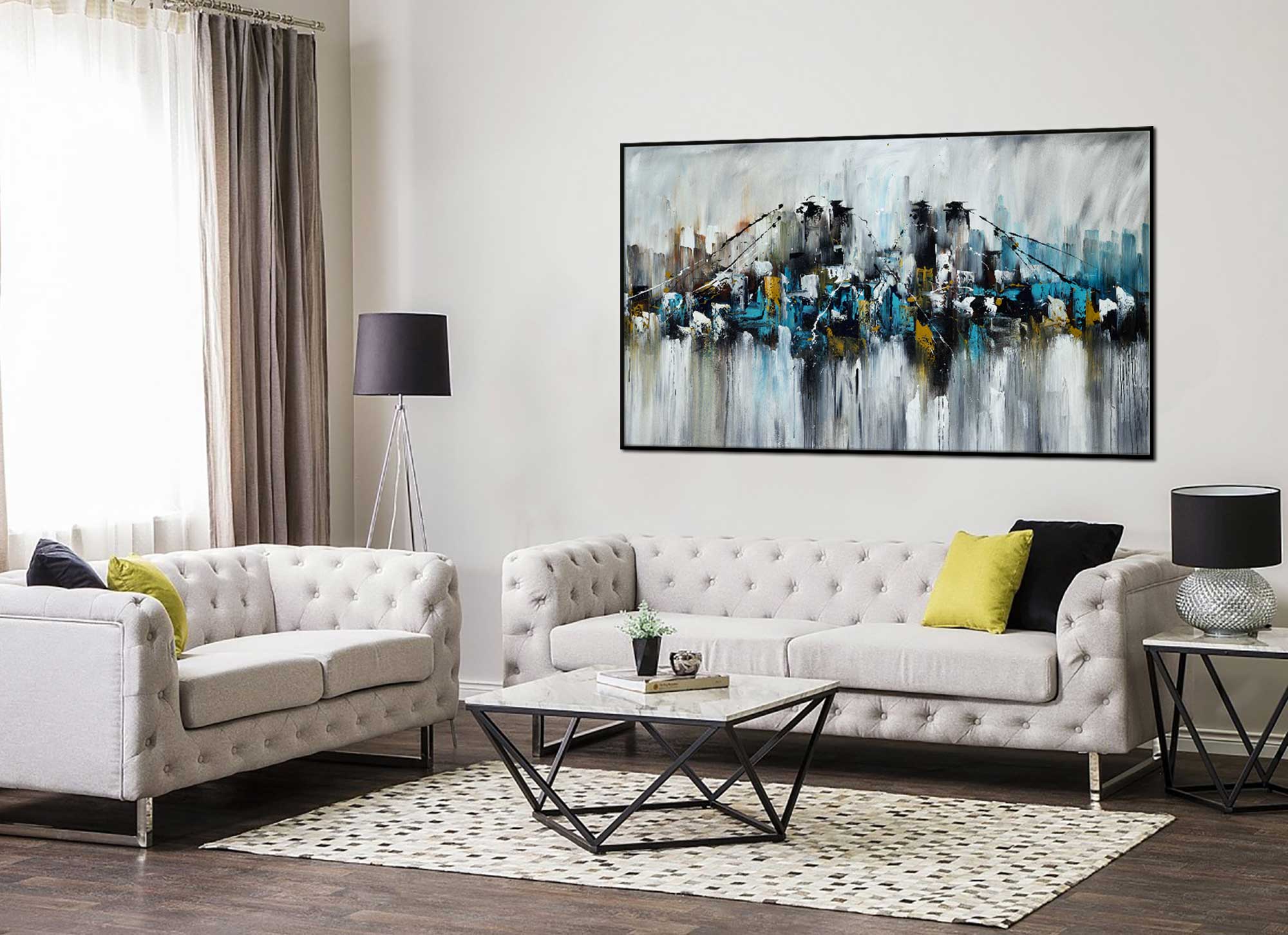 Bridge and the Skyscrapers - Cityscape art category - living room side display - black frame