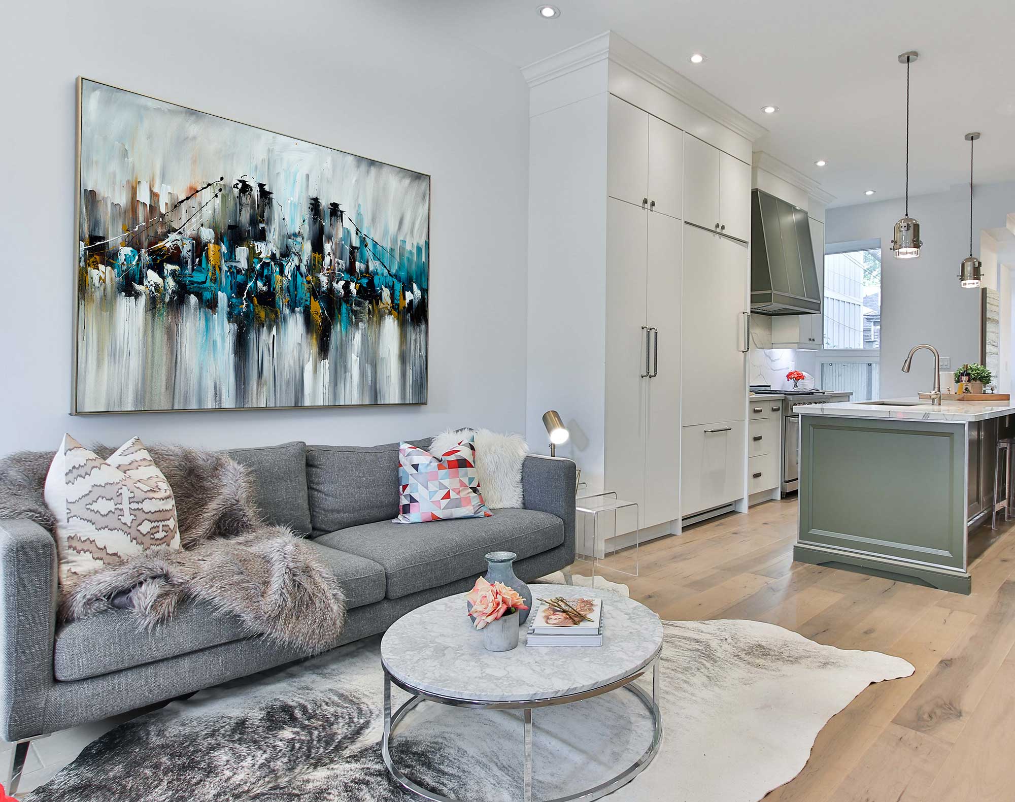 Bridge and the Skyscrapers - Cityscape art category - open plan living room side display - metal frame