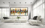 City of Joy - Cityscape art category - living room white sofa background - black floater frame