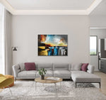 Colour Storm - Abstract art category - grey modern sofa living room background - white silver frame style