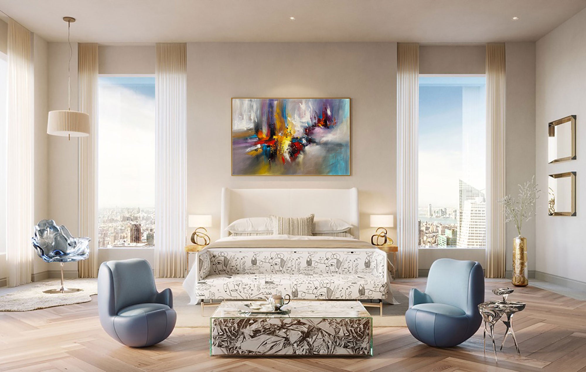Colour Storm 2 - Abstract art category - luxury bedroom room display - golden frame style