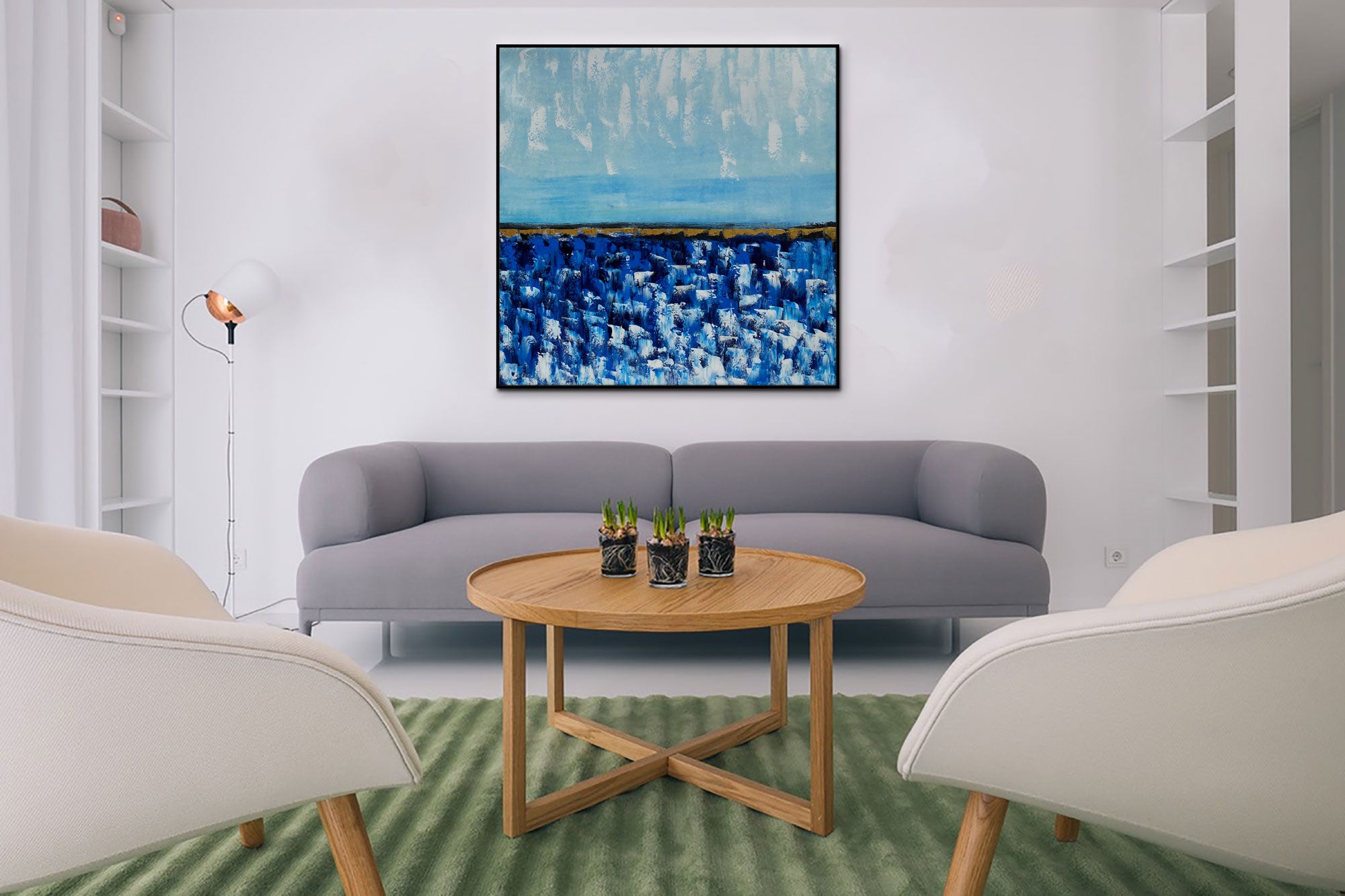 Cornflower Field - Abstract art category - Grey sofa background - Black frame style