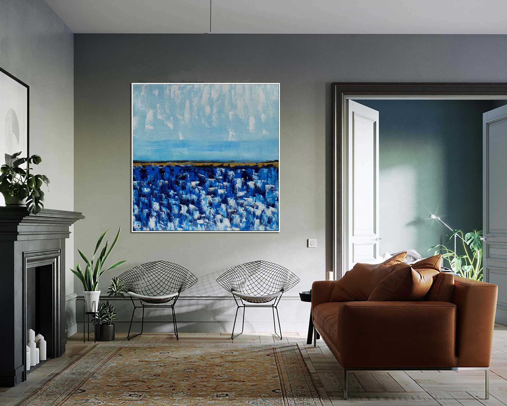 Cornflower Field - Abstract art category - Modern brown sofa background - white frame style